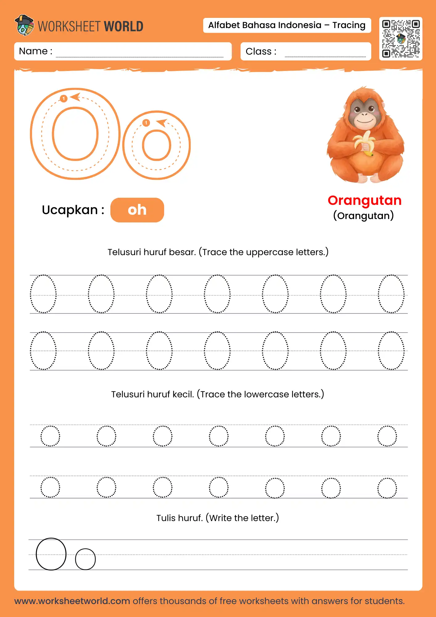 menebalkan abjad huruf o- letter o indonesian alphabet tracing worksheet with torch picture