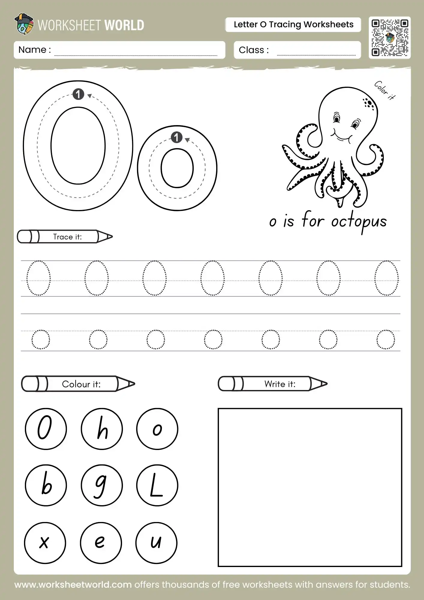 letter o tracing worksheets featuring an octopus illustration and a letter identification grid