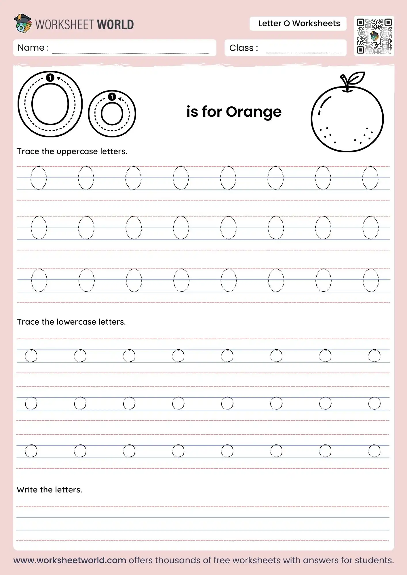 letter-o-worksheets-page-1 letter o worksheets featuring an orange illustration and multiple rows of dotted tracing lines