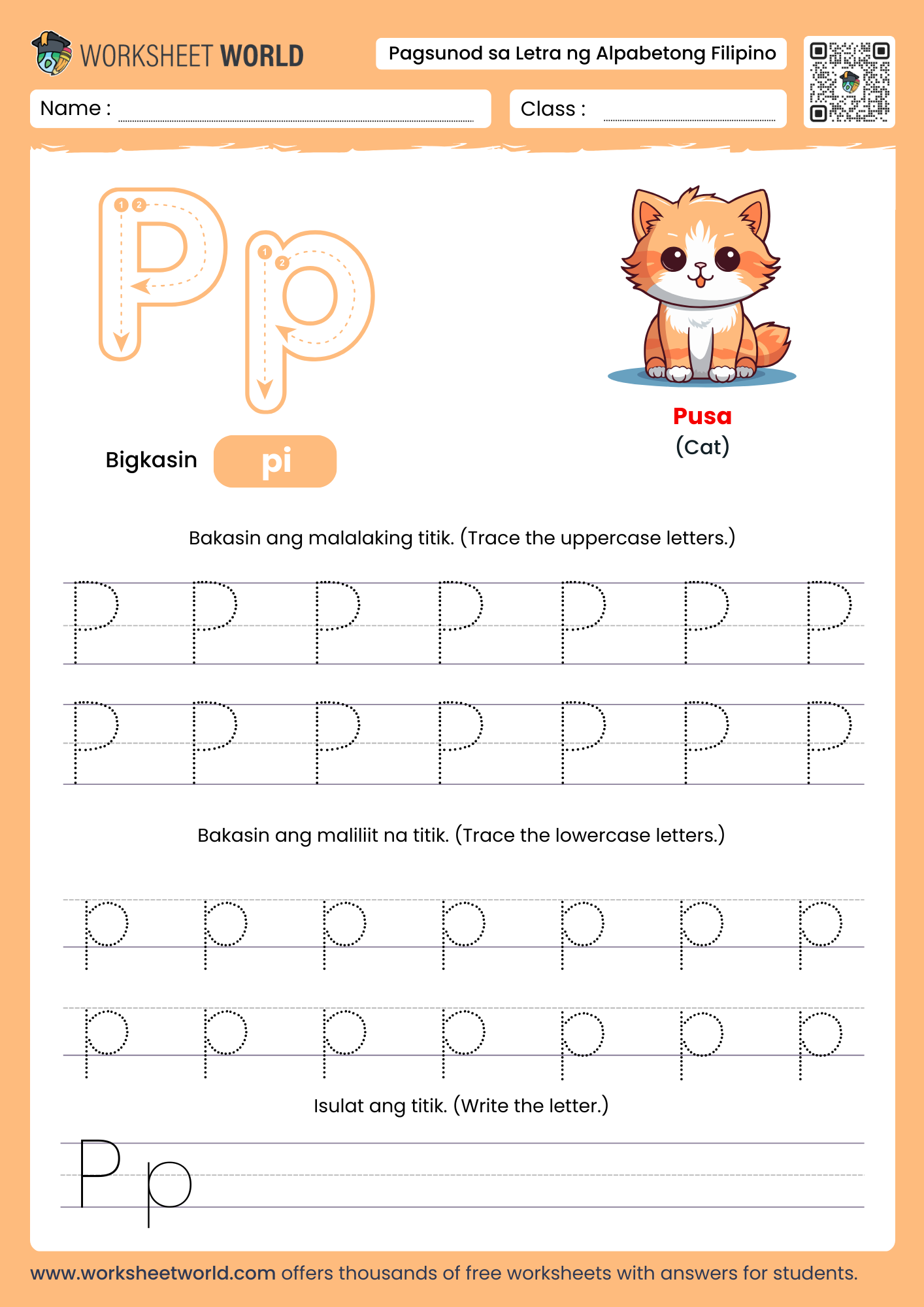 pagbakas ng titik p- letter p filipino alphabet tracing worksheet with bird picture