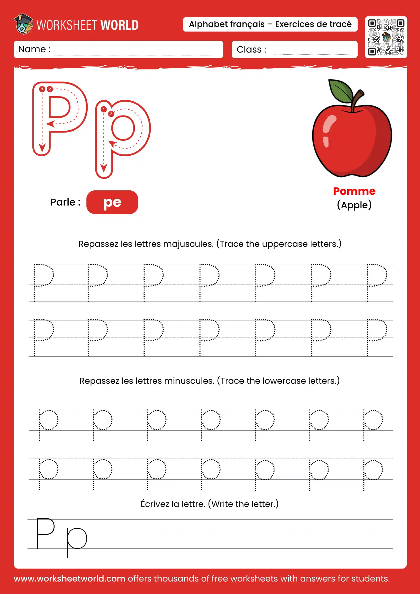 Letter P French Alphabet Tracing Worksheet with apple picture