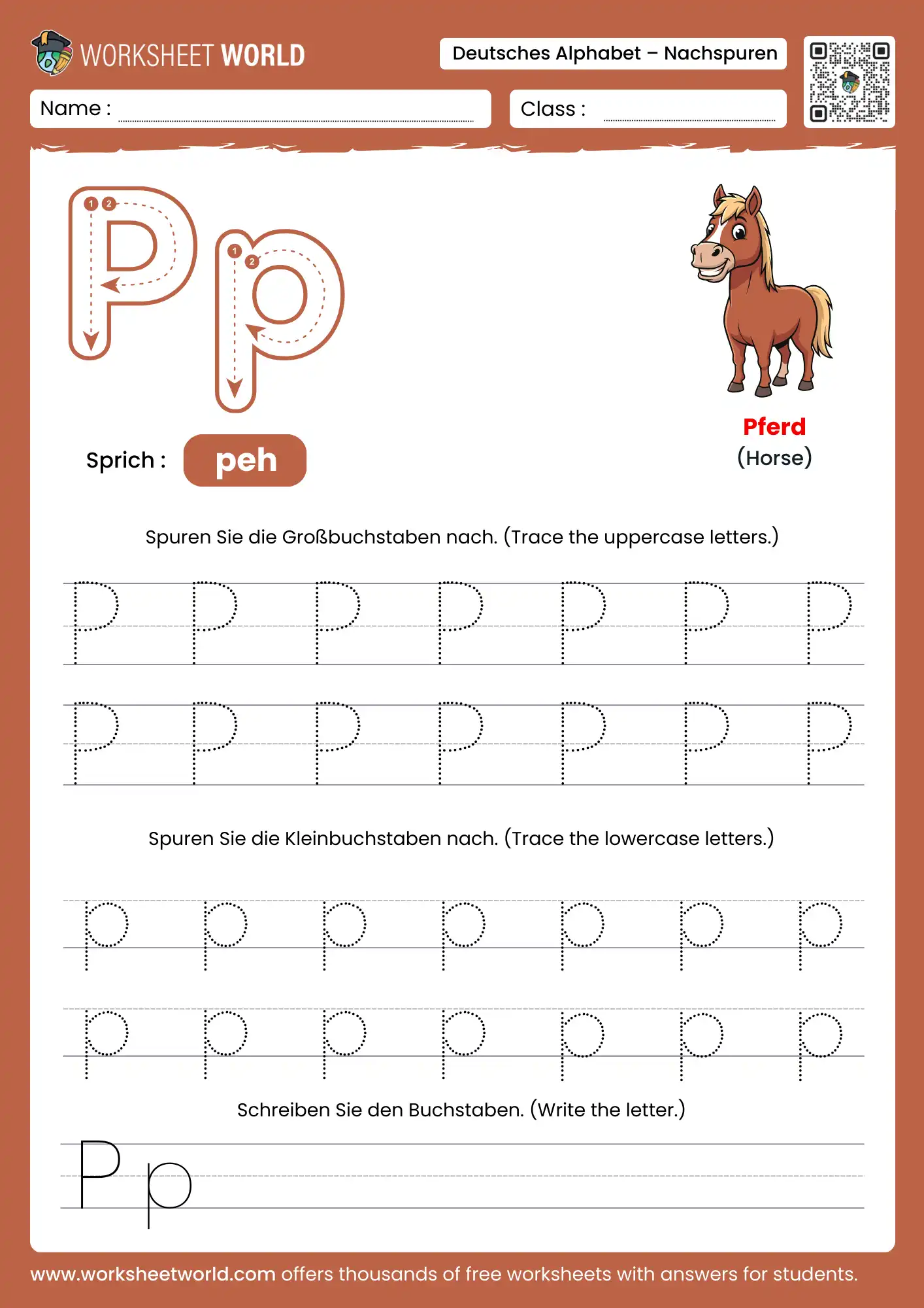 letter p german alphabet tracing worksheet with horse picture