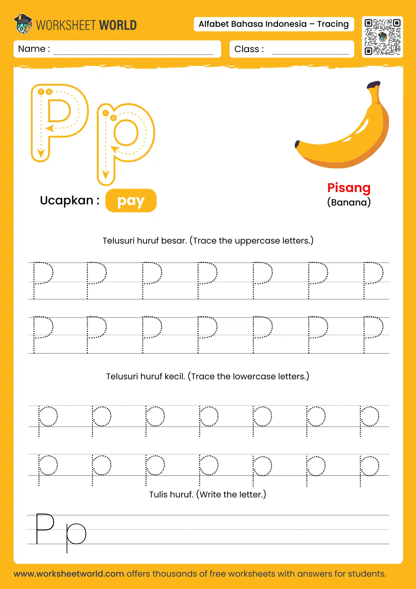 menebalkan abjad huruf p- letter p indonesian alphabet tracing worksheet with banana picture