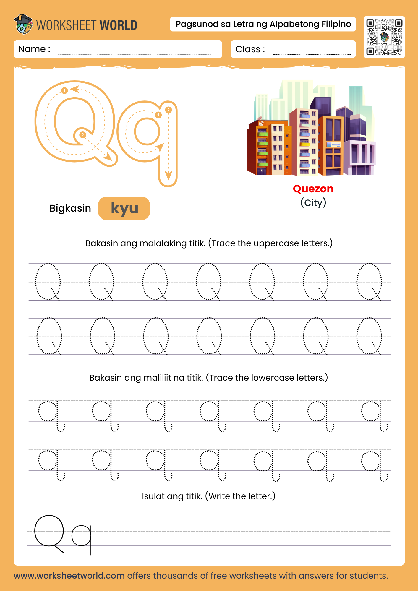 pagbakas ng titik q- letter q filipino alphabet tracing worksheet with queen picture
