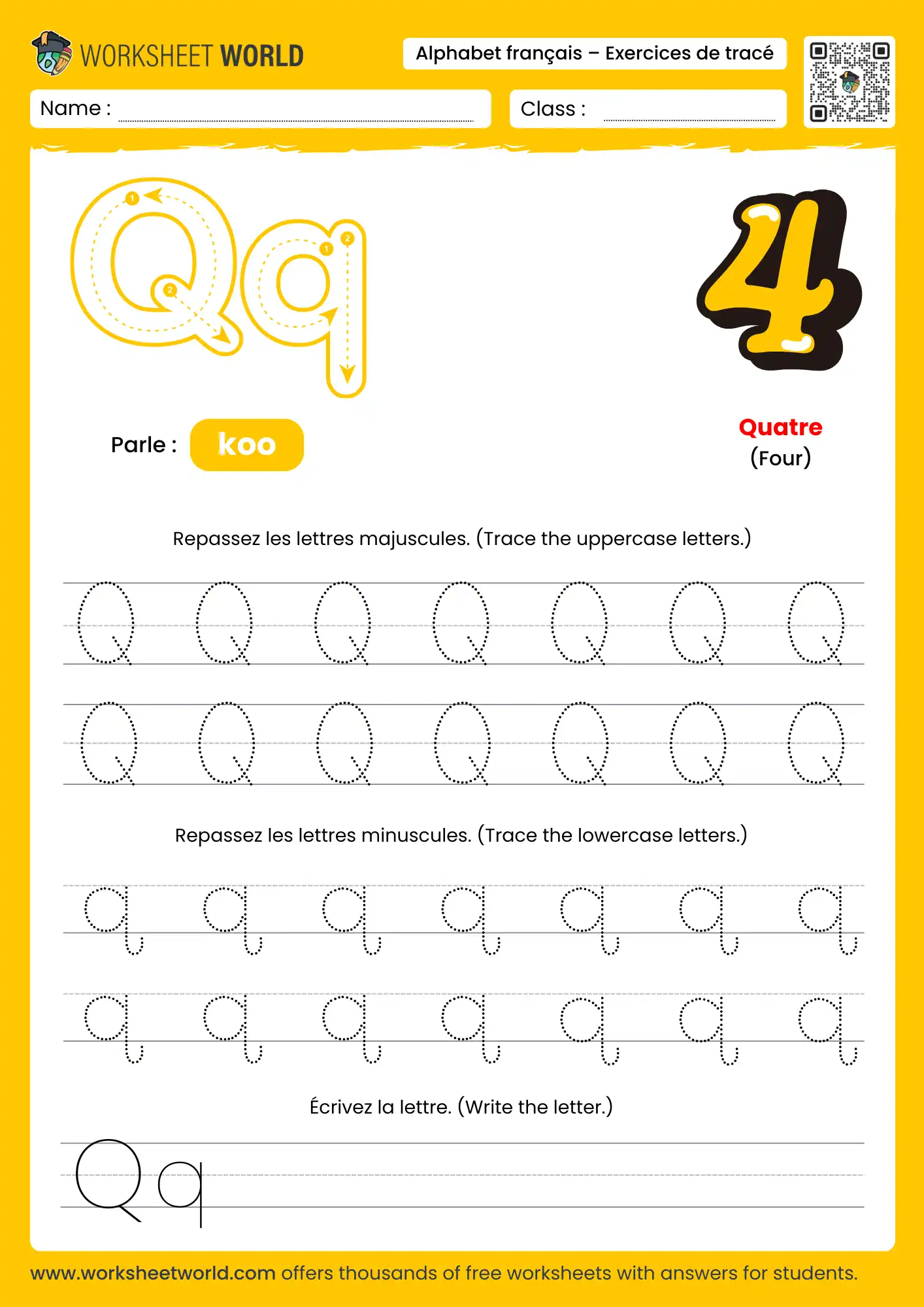 Letter Q French Alphabet Tracing Worksheet with number four picture