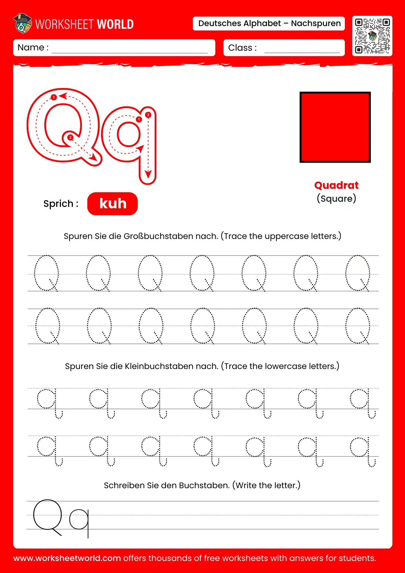 letter q german alphabet tracing worksheet with square picture