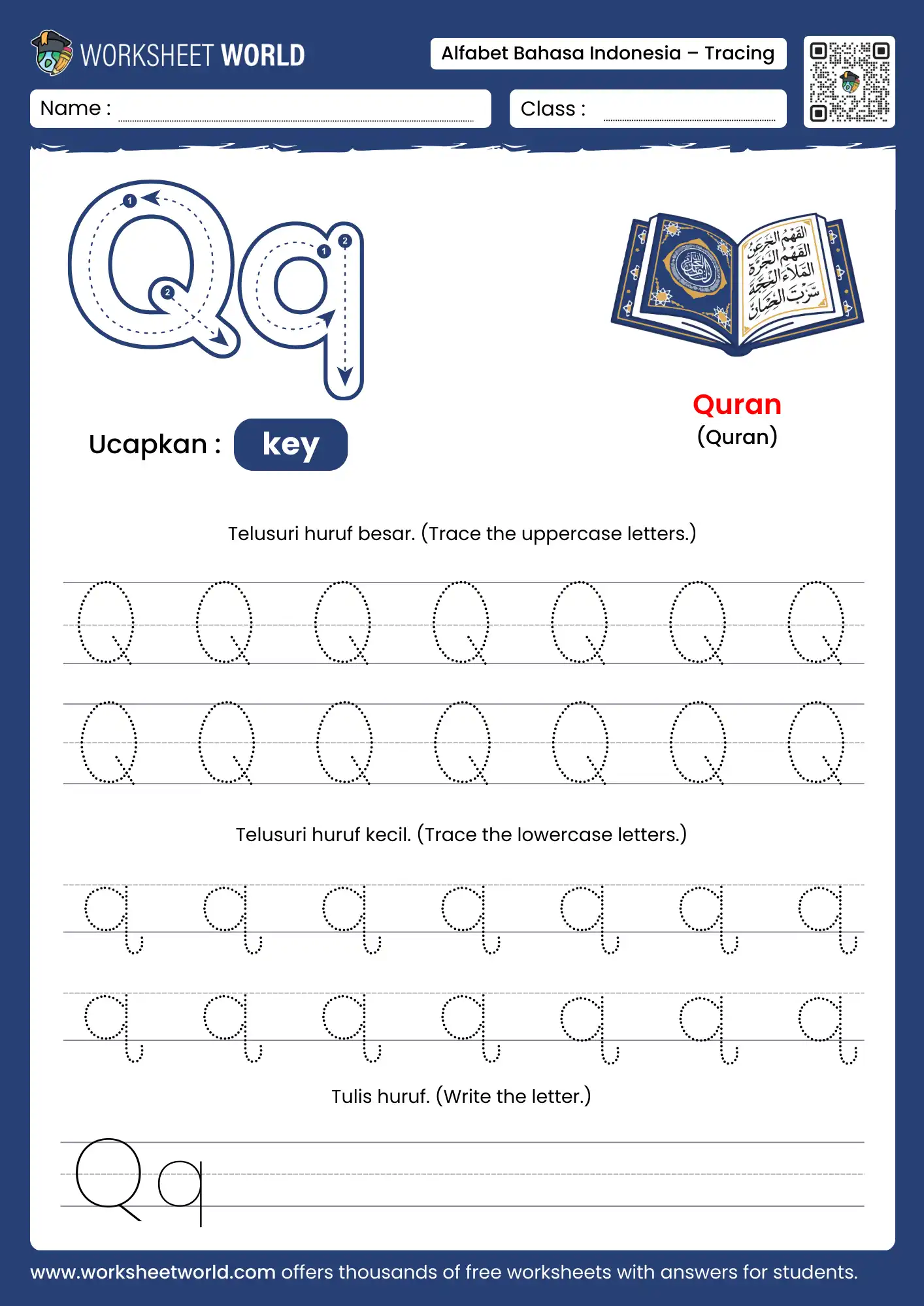 menebalkan abjad huruf q- letter q indonesian alphabet tracing worksheet with quran picture