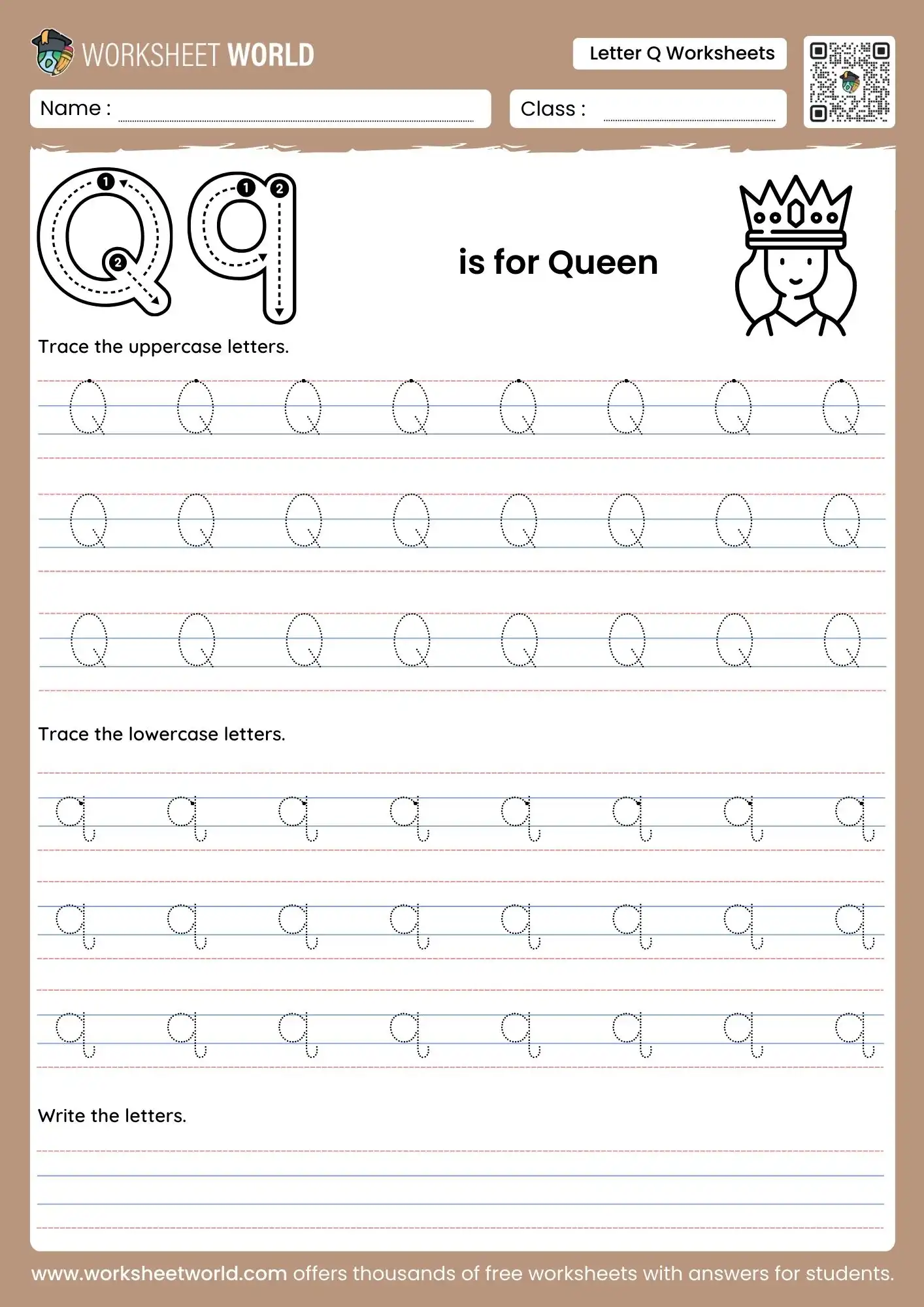 letter-q-worksheets-page-1 letter q worksheets featuring a queen illustration and multiple rows of dotted tracing lines