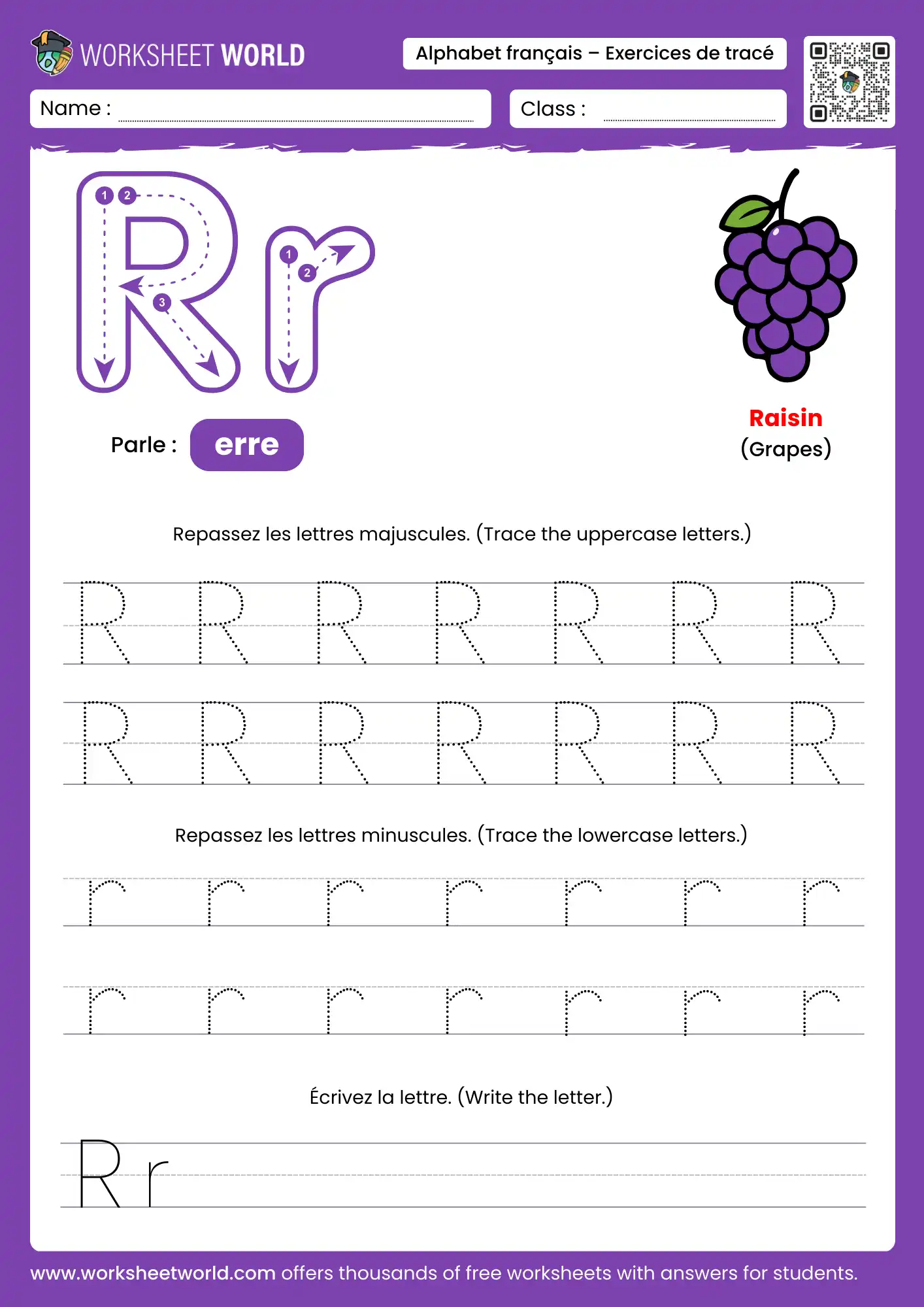 Letter R French Alphabet Tracing Worksheet with grapes picture
