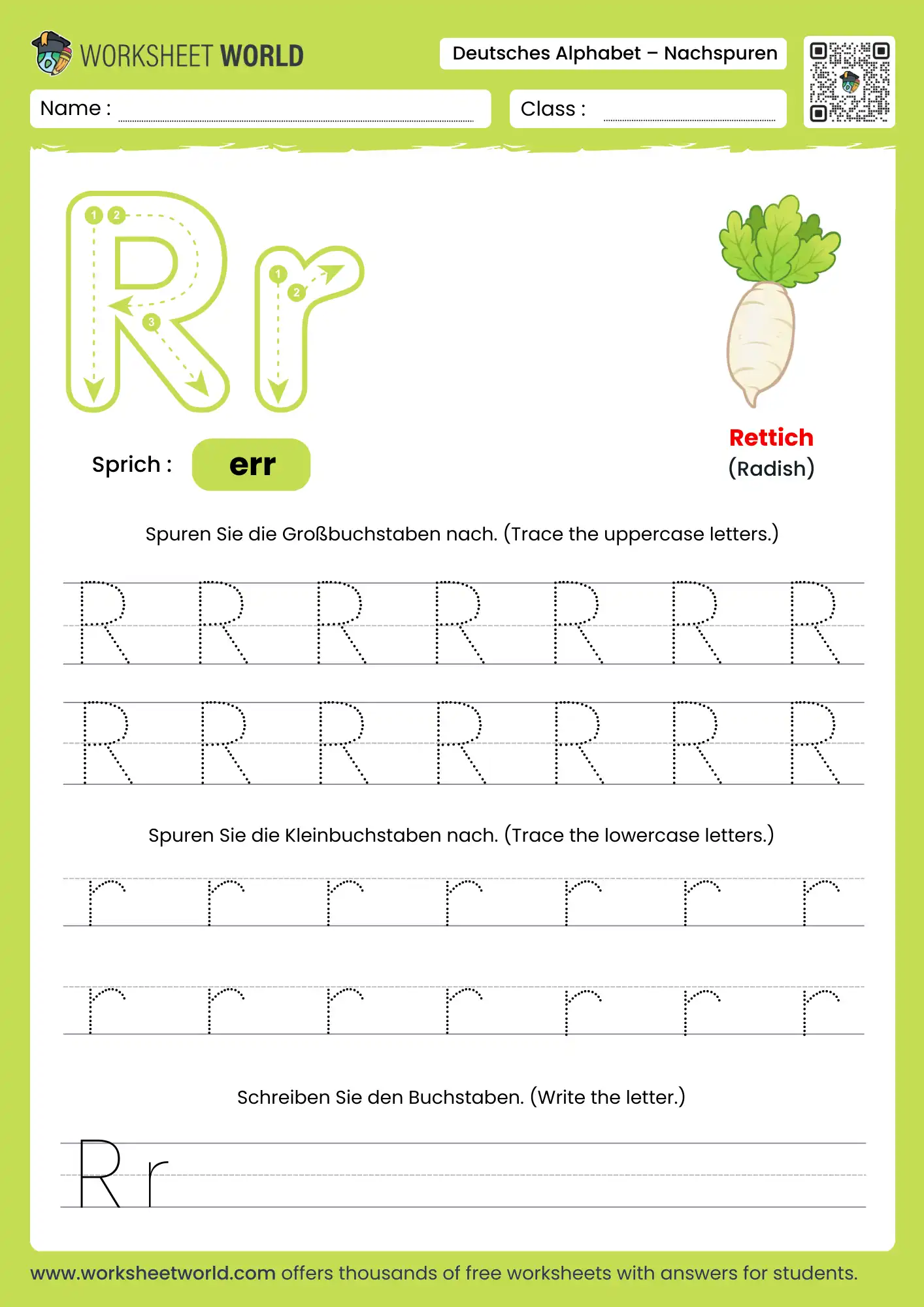 letter r german alphabet tracing worksheet with radish picture