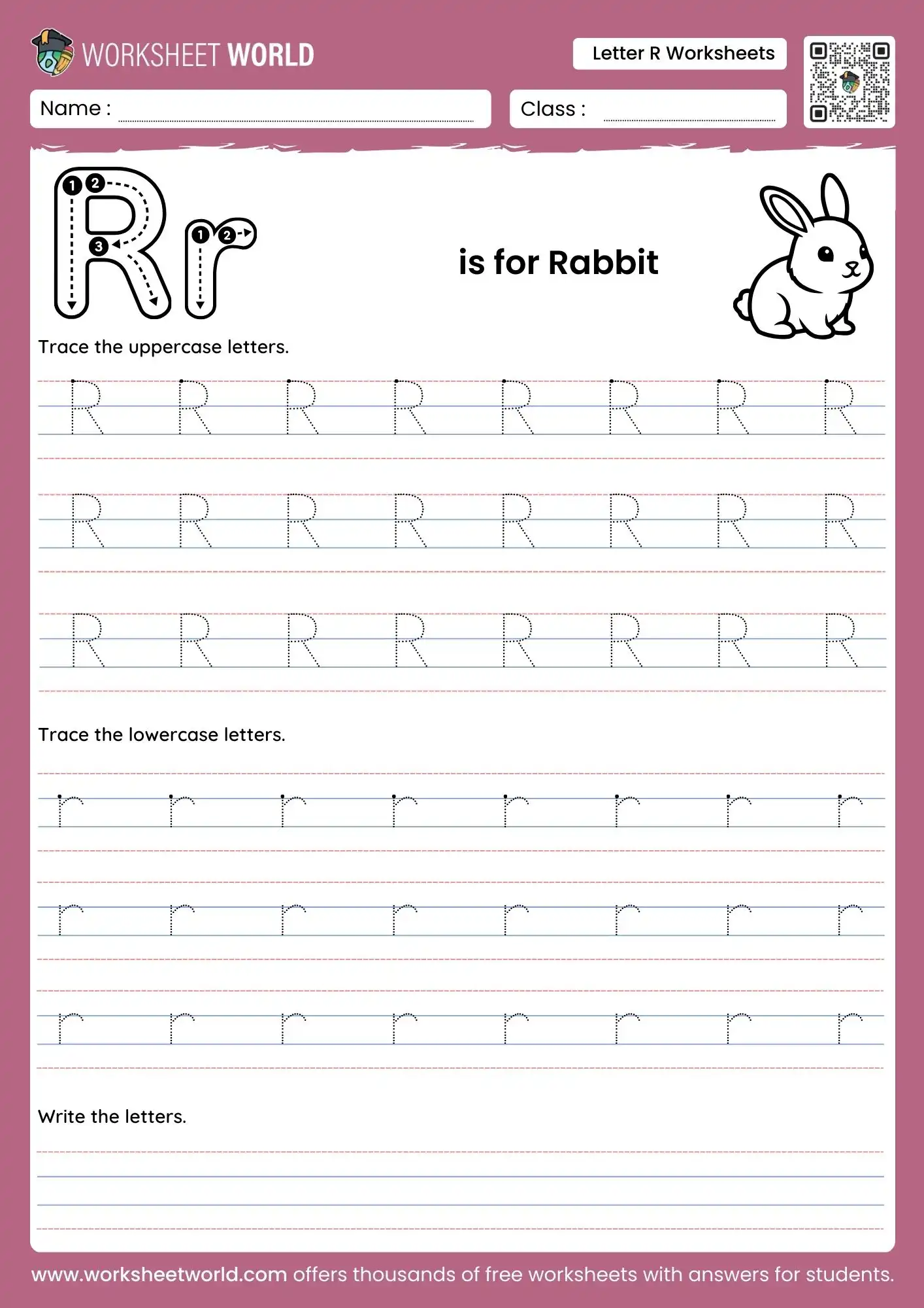 letter r worksheets featuring a rabbit illustration and multiple rows of dotted tracing lines