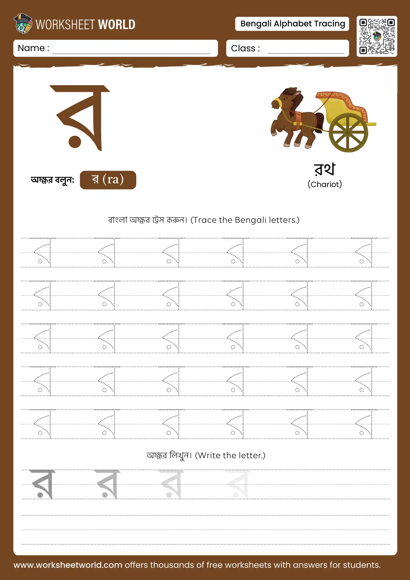 letter-ra-bengali-alphabet-tracing-worksheet letter ra bengali alphabet tracing worksheet with chariot picture for kids learning