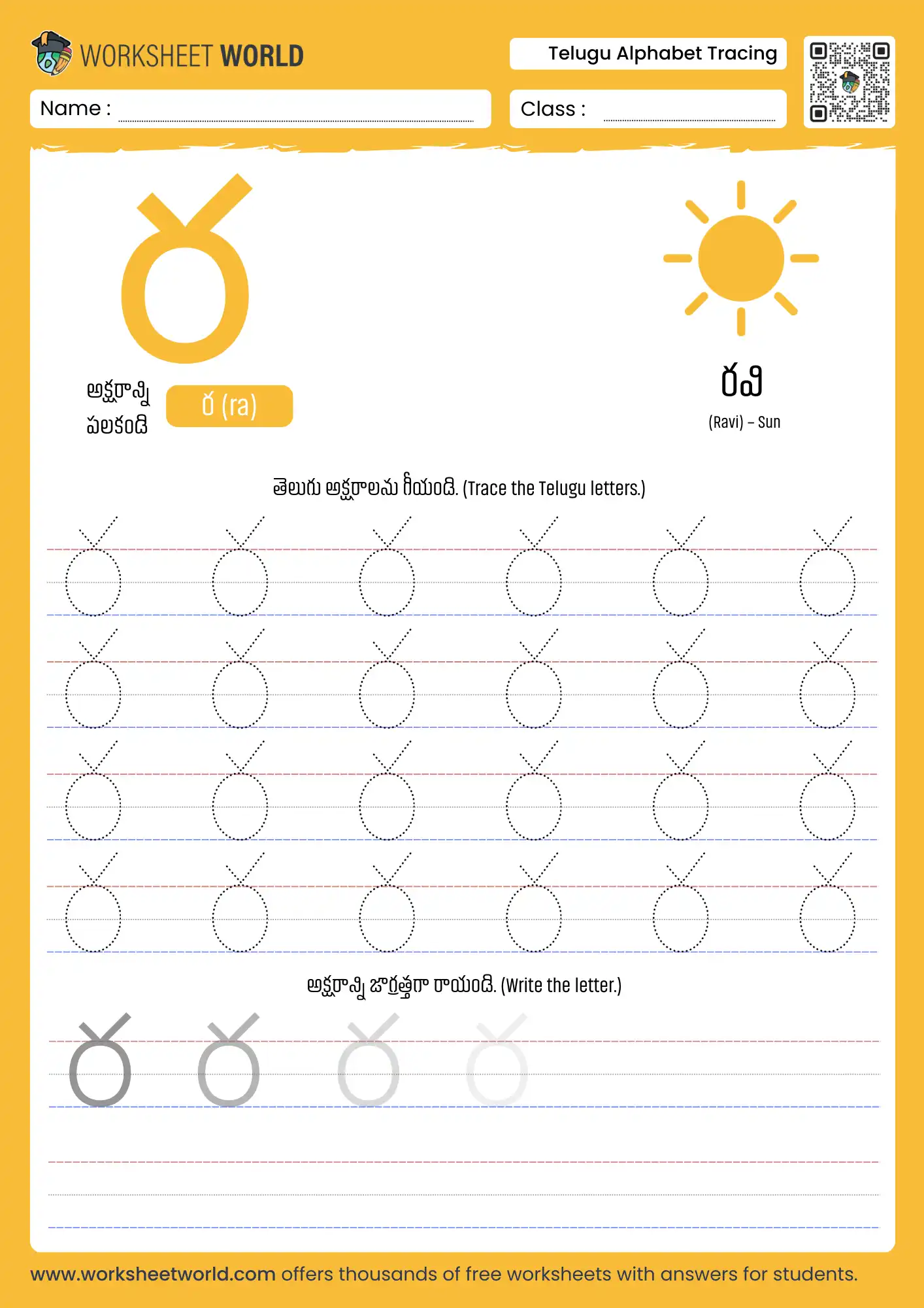 letter ra telugu alphabet tracing worksheet with chariot picture for kids