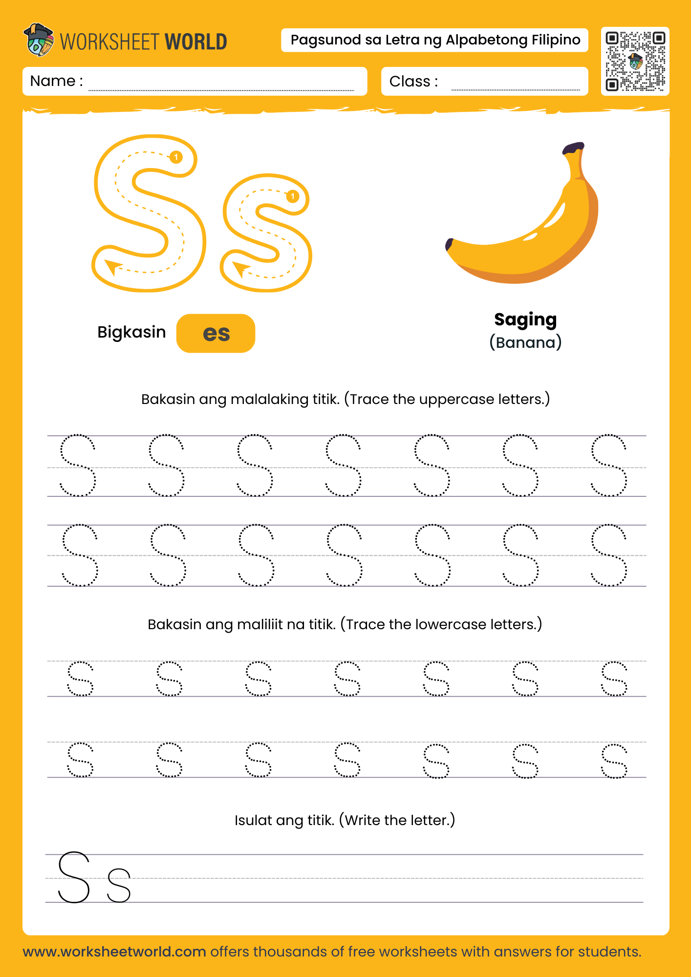 pagbakas ng titik s- letter s filipino alphabet tracing worksheet with shoes picture
