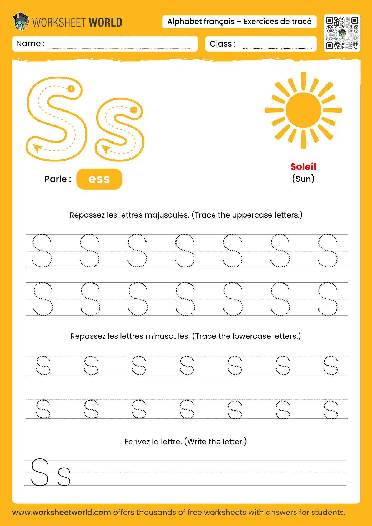 Letter S French Alphabet Tracing Worksheet with sun picture