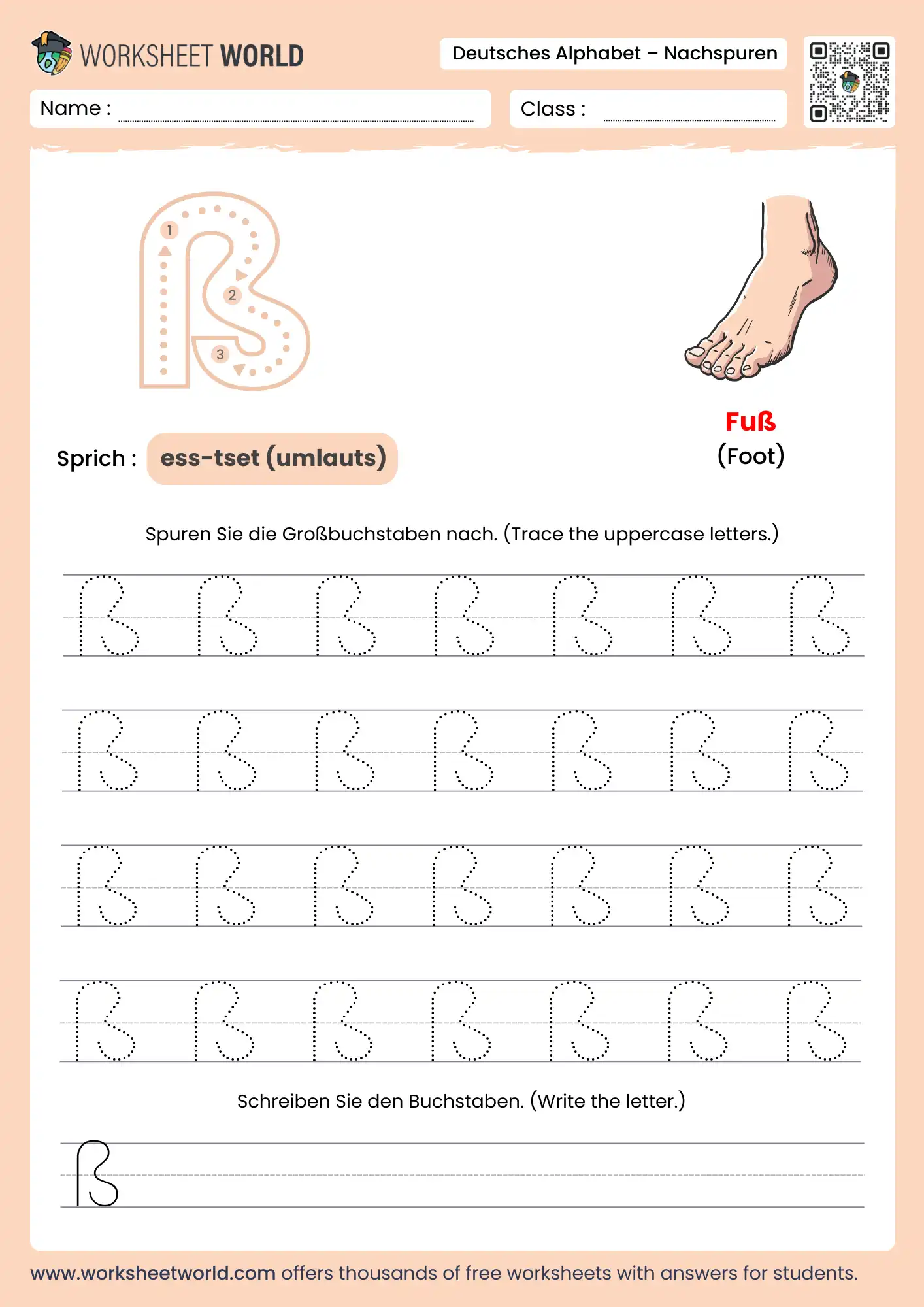 letter ß german alphabet tracing worksheet with foot picture