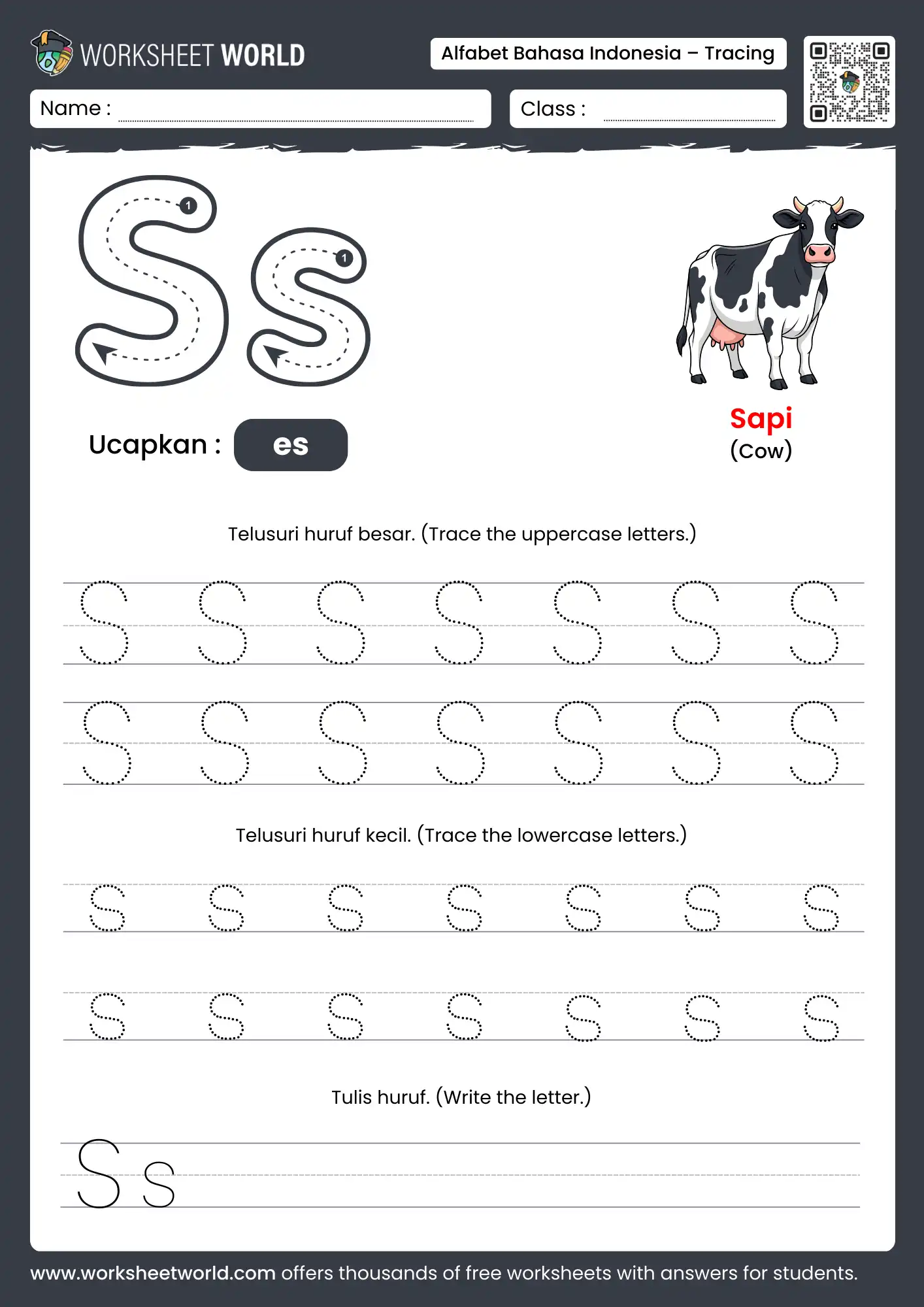 menebalkan abjad huruf s- letter s indonesian alphabet tracing worksheet with cow picture