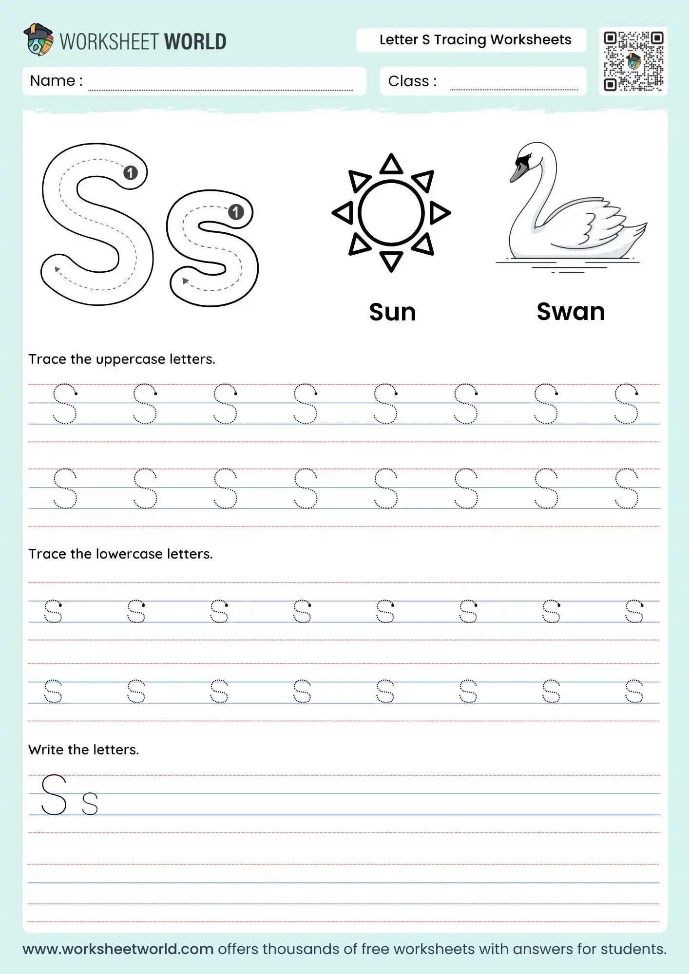 letter-s-tracing-worksheets-page-1 letter s tracing worksheets featuring a sun and swan illustration for kindergarten