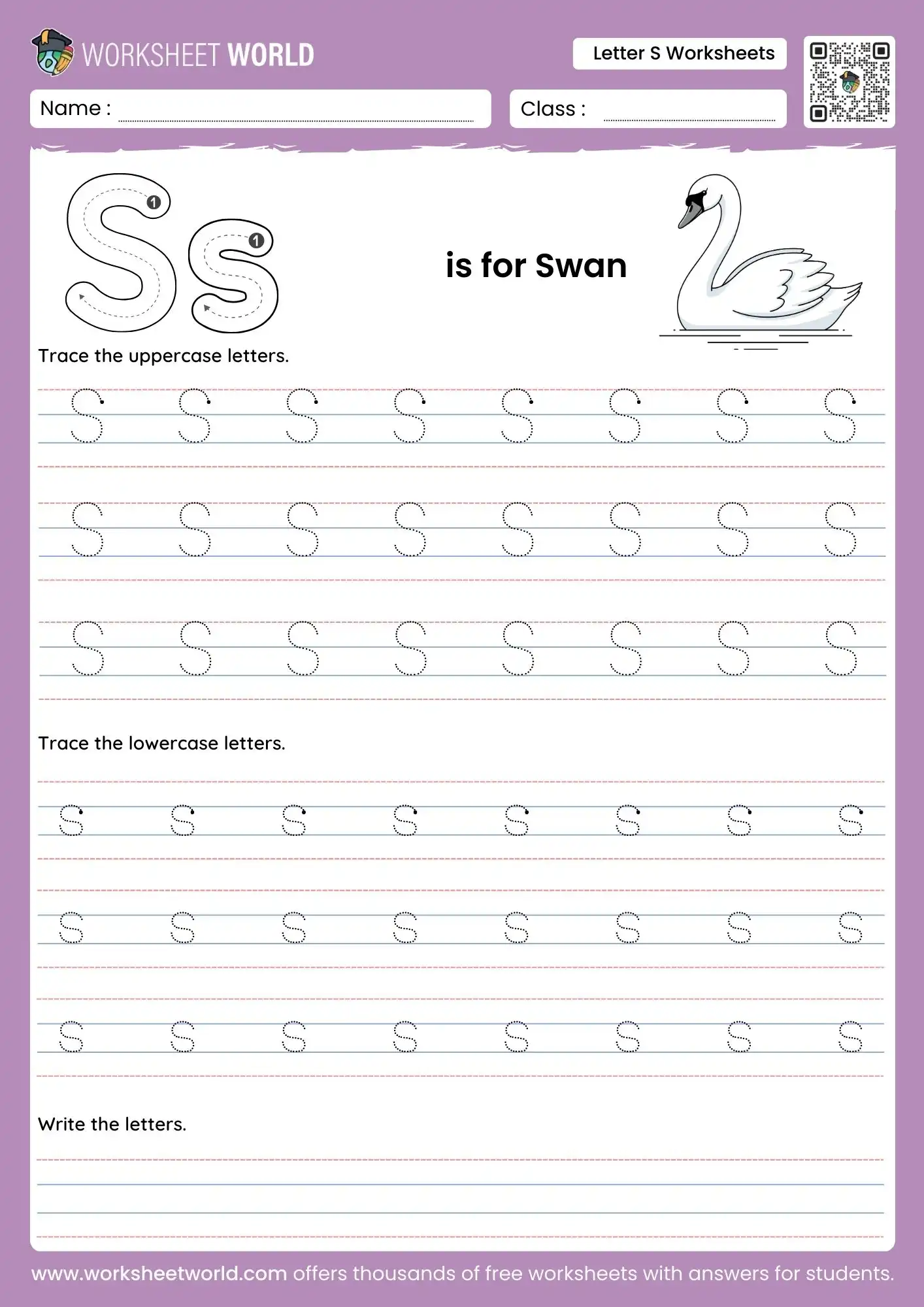 letter s worksheets featuring a swan illustration and multiple rows of dotted tracing lines