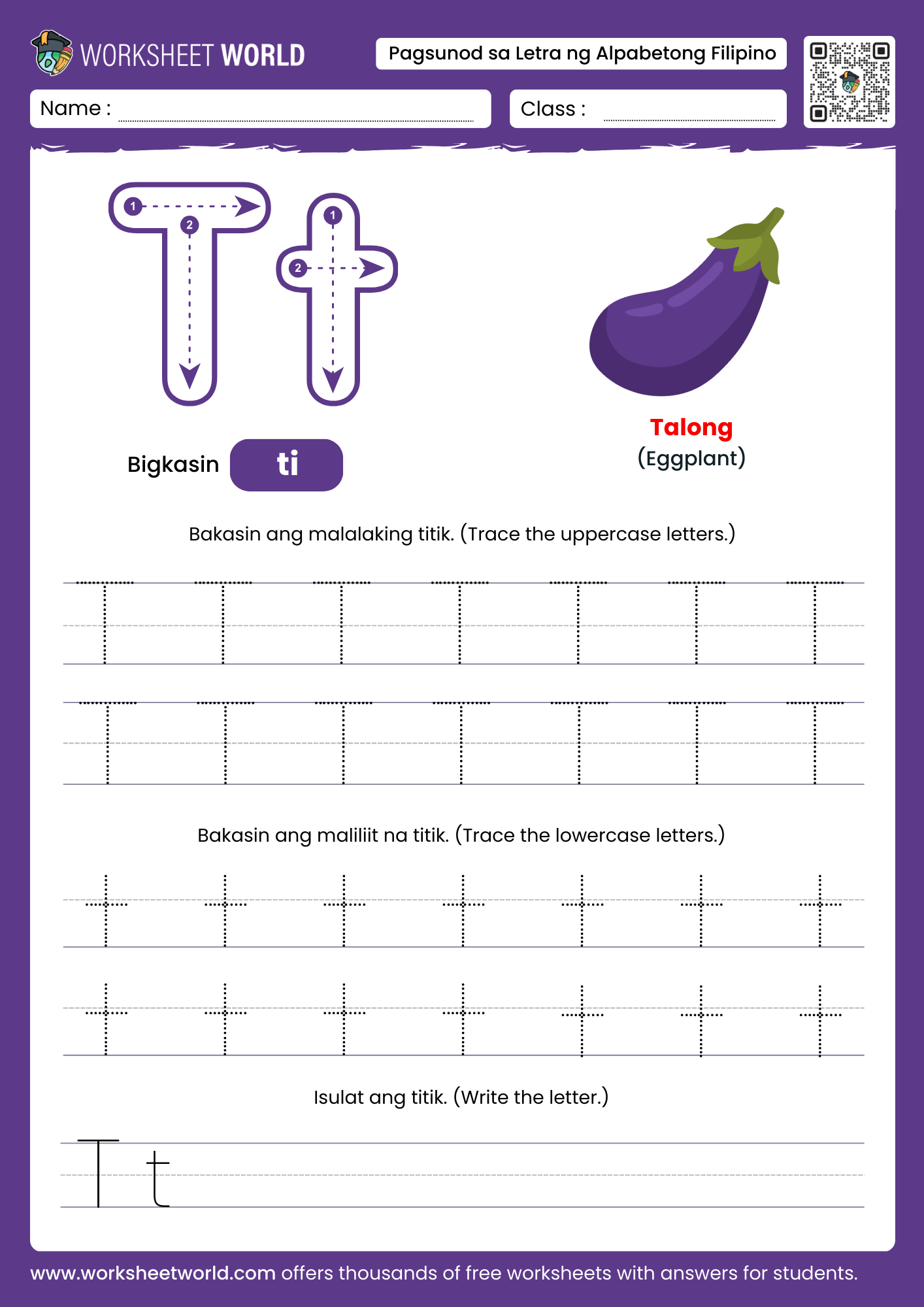 pagbakas ng titik t- letter t filipino alphabet tracing worksheet with hat picture