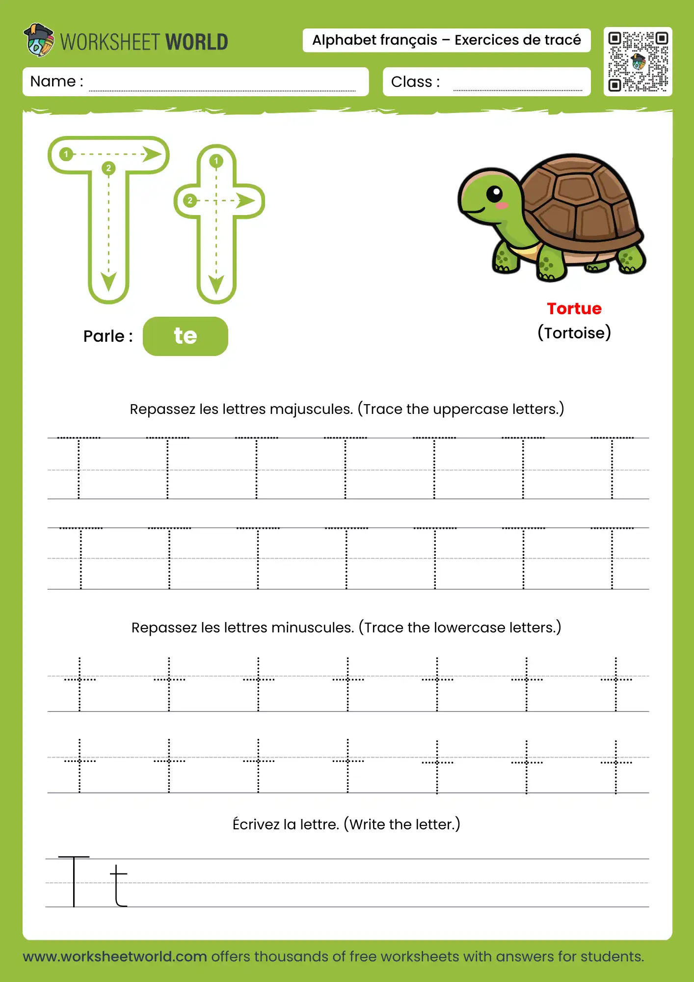 Letter T French Alphabet Tracing Worksheet with turtle picture