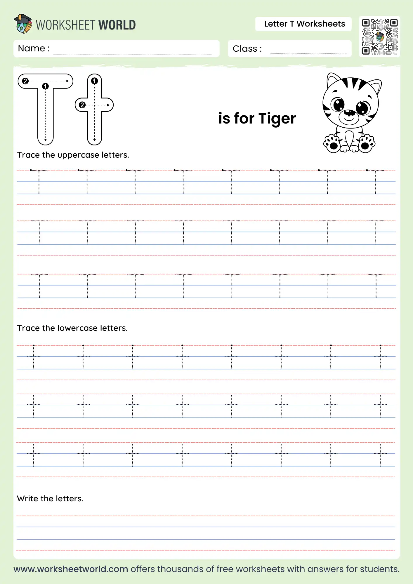 letter t worksheets featuring a tiger illustration and multiple rows of dotted tracing lines
