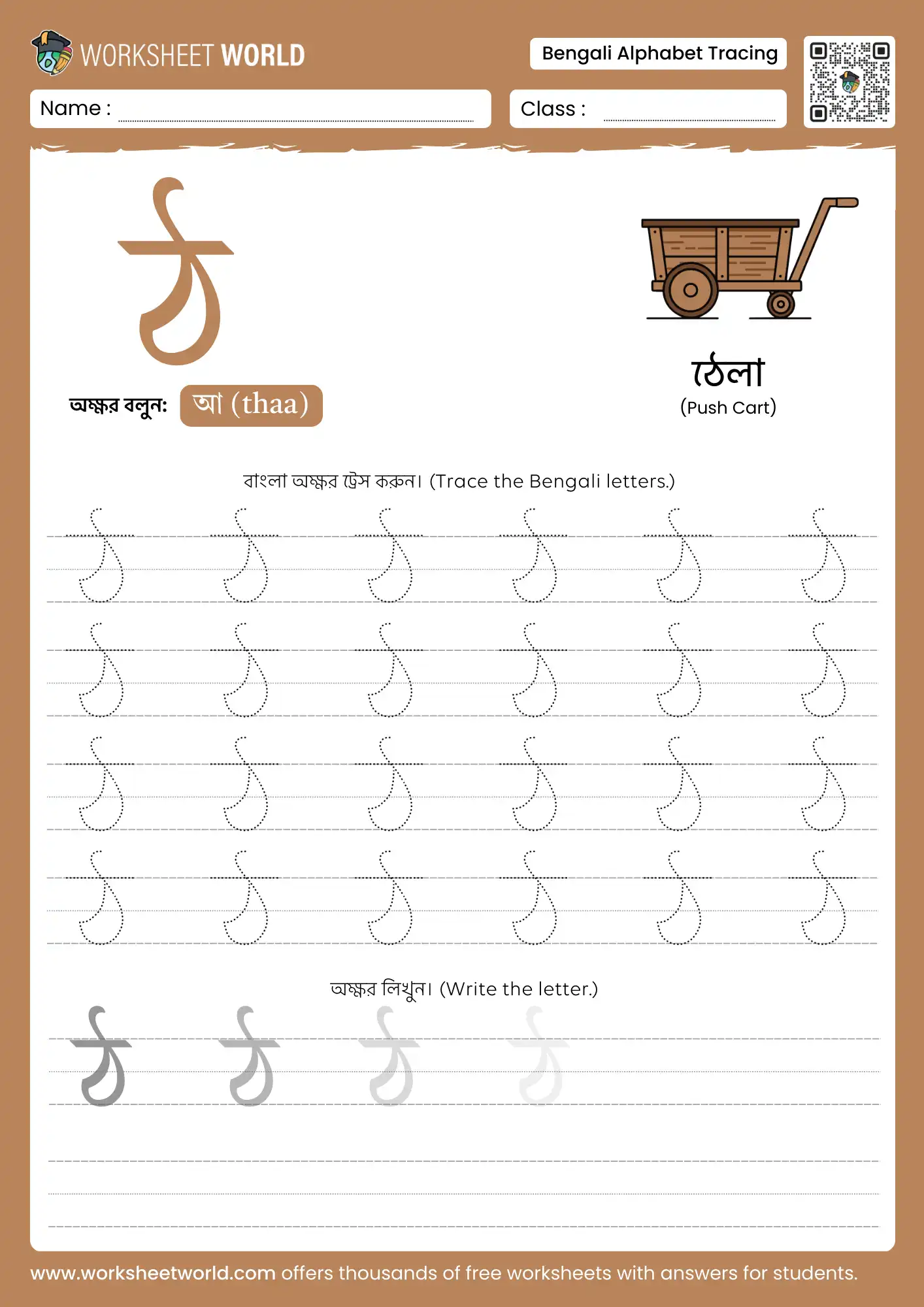letter thha bengali alphabet tracing worksheet with push cart picture for kids learning