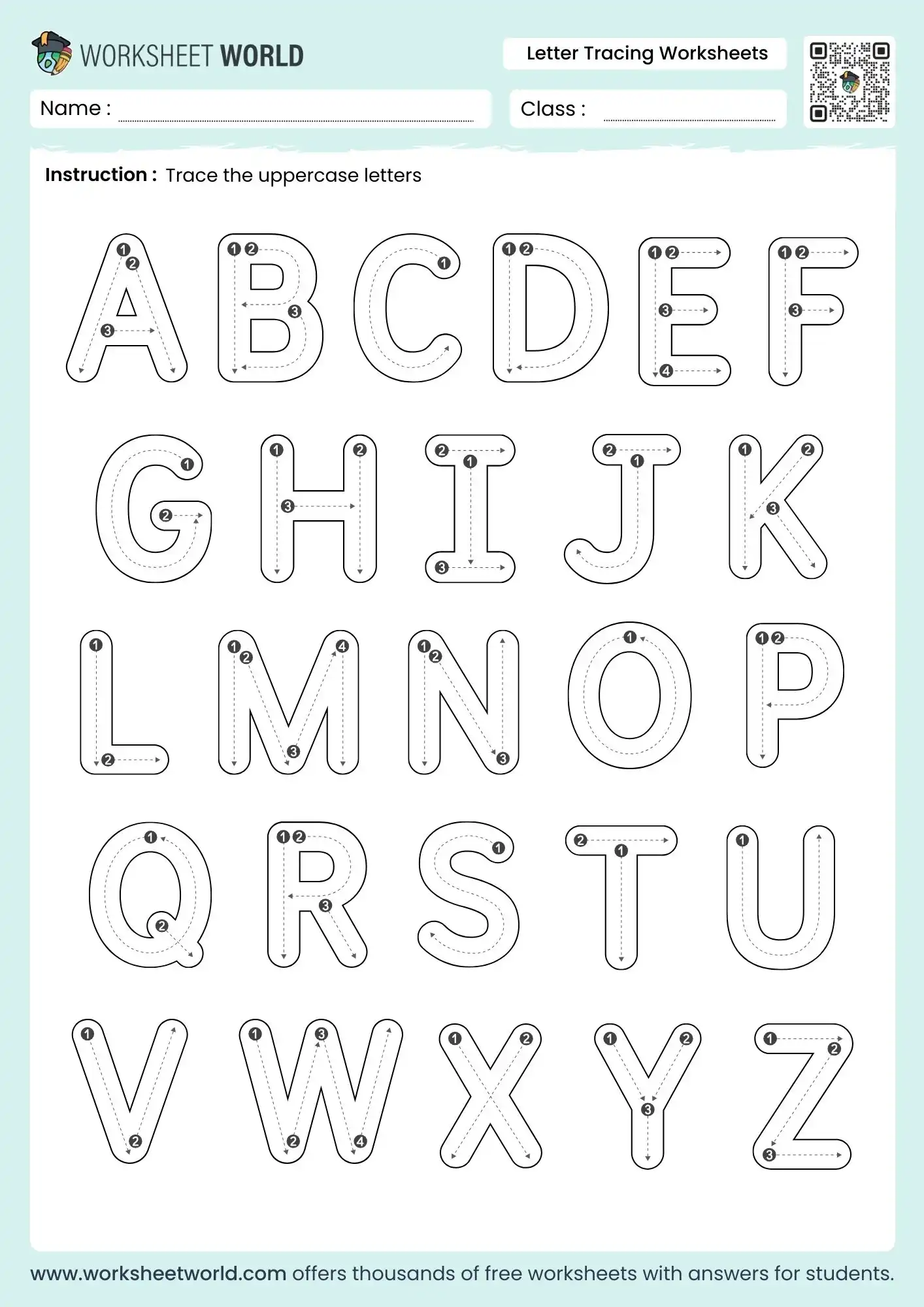 letter tracing worksheets featuring capital a to z with directional stroke guides