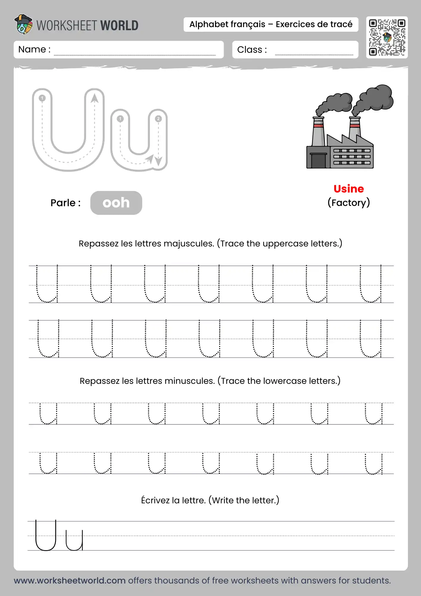 Letter U French Alphabet Tracing Worksheet with factory picture