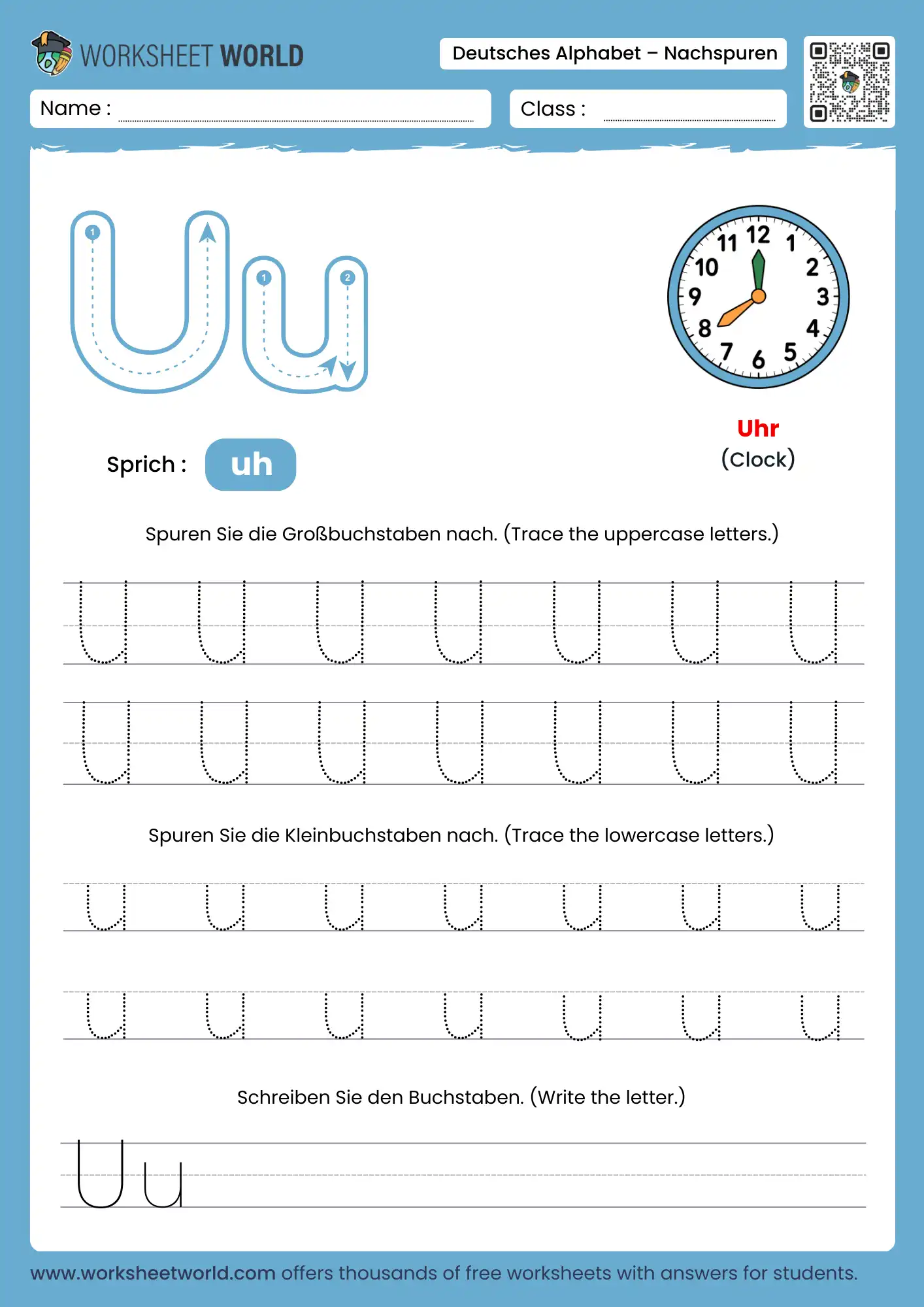 letter u german alphabet tracing worksheet with clock picture