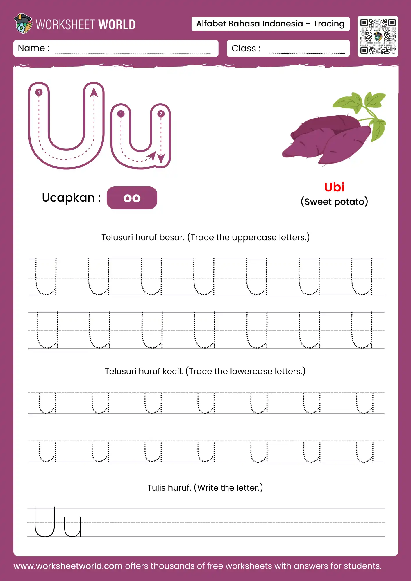 menebalkan abjad huruf u- letter u indonesian alphabet tracing worksheet with snake picture