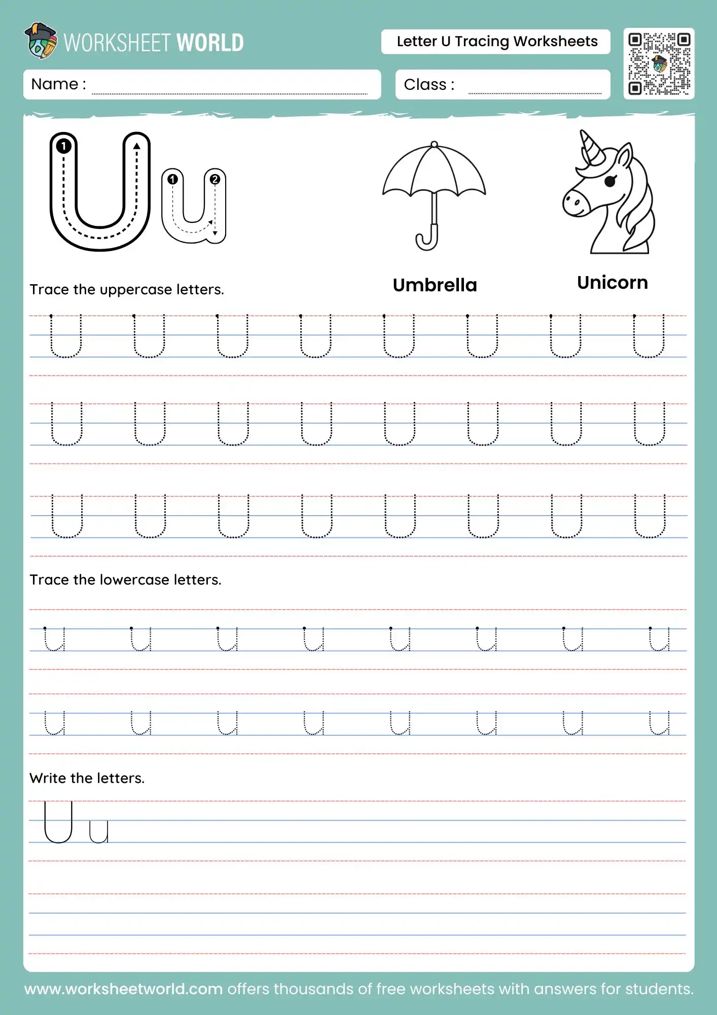 letter-u-tracing-worksheets-page-1 letter u tracing worksheets featuring an umbrella and unicorn illustration for kindergarten