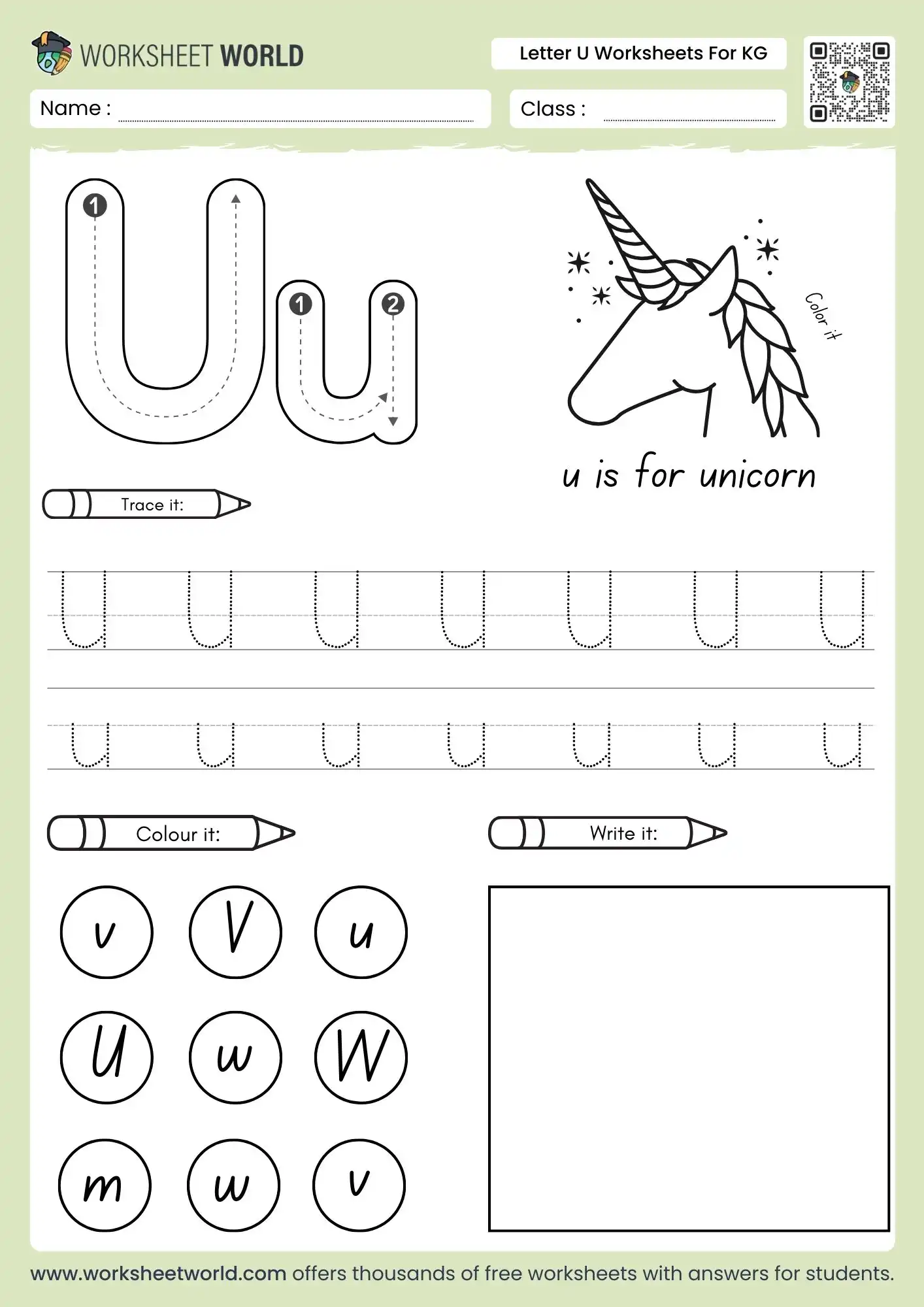 letter u worksheets for kindergarten featuring a unicorn illustration and a visual letter identification grid