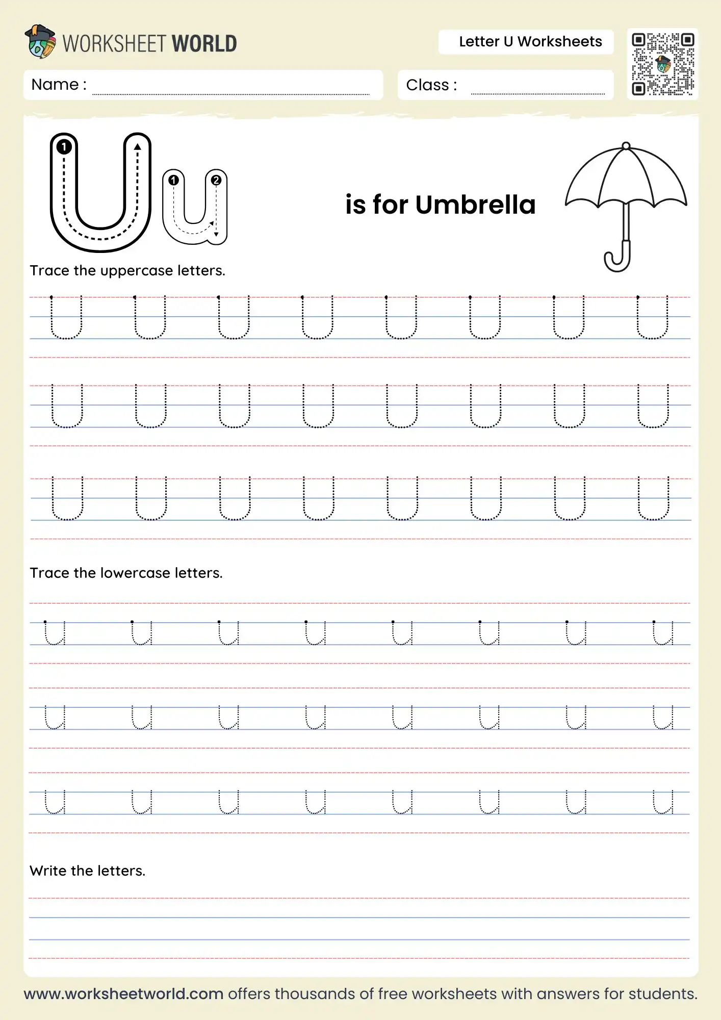 letter u worksheets featuring an umbrella illustration and multiple rows of dotted tracing lines