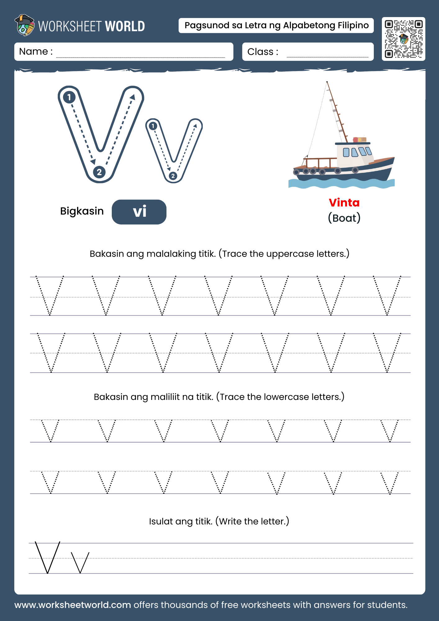 pagbakas ng titik v- letter v filipino alphabet tracing worksheet with vase picture