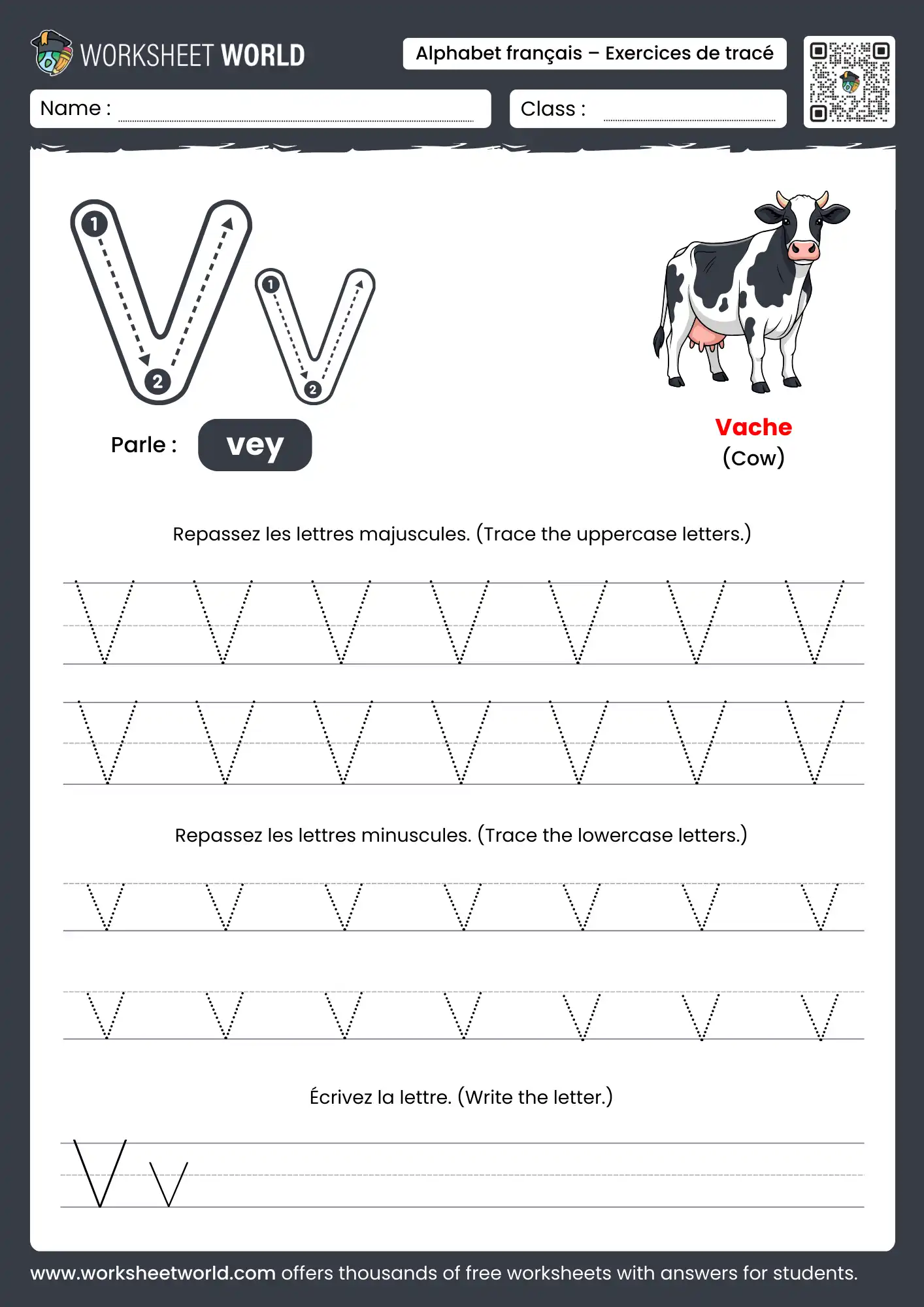 Letter V French Alphabet Tracing Worksheet with cow picture