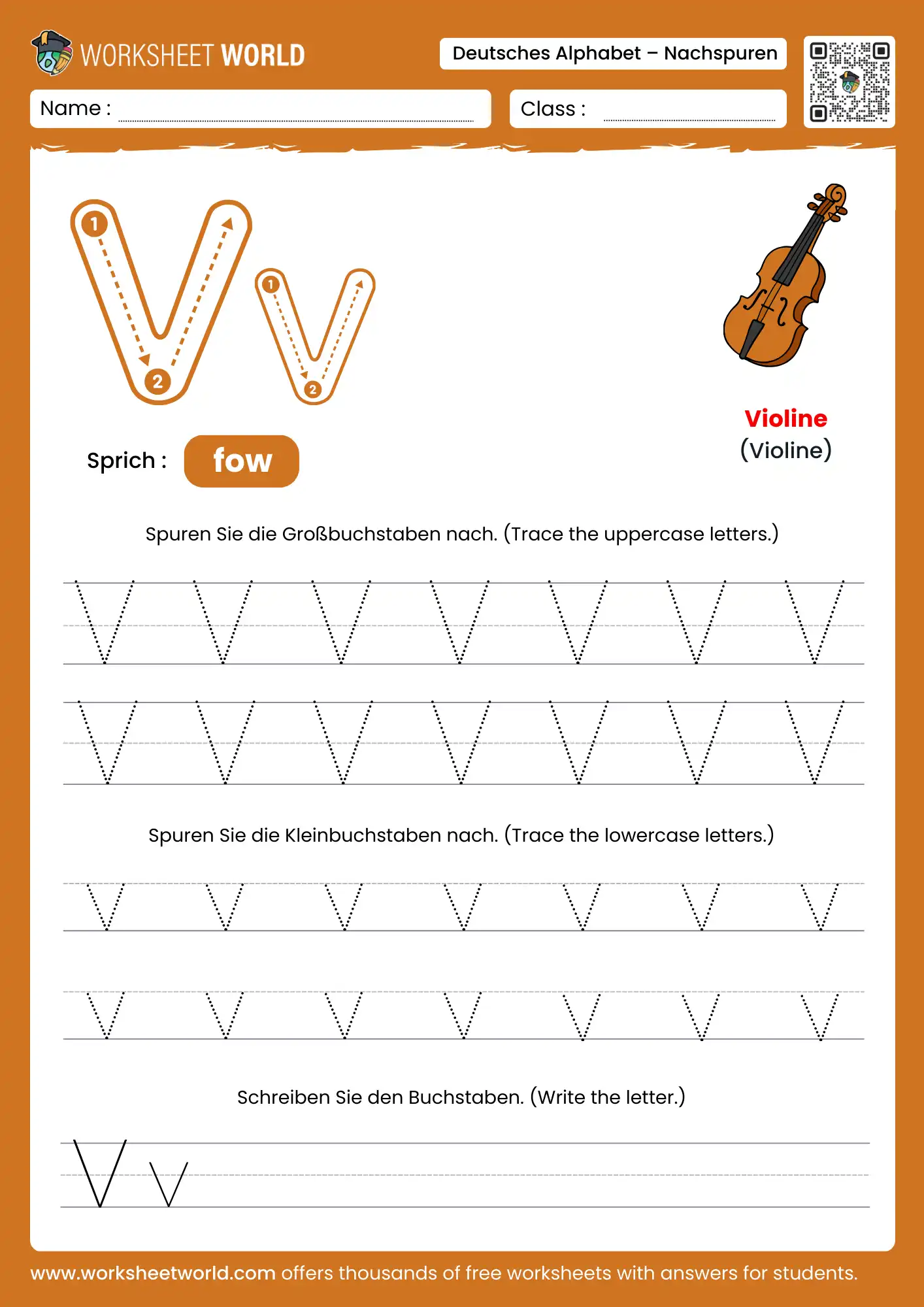 letter v german alphabet tracing worksheet with violin picture