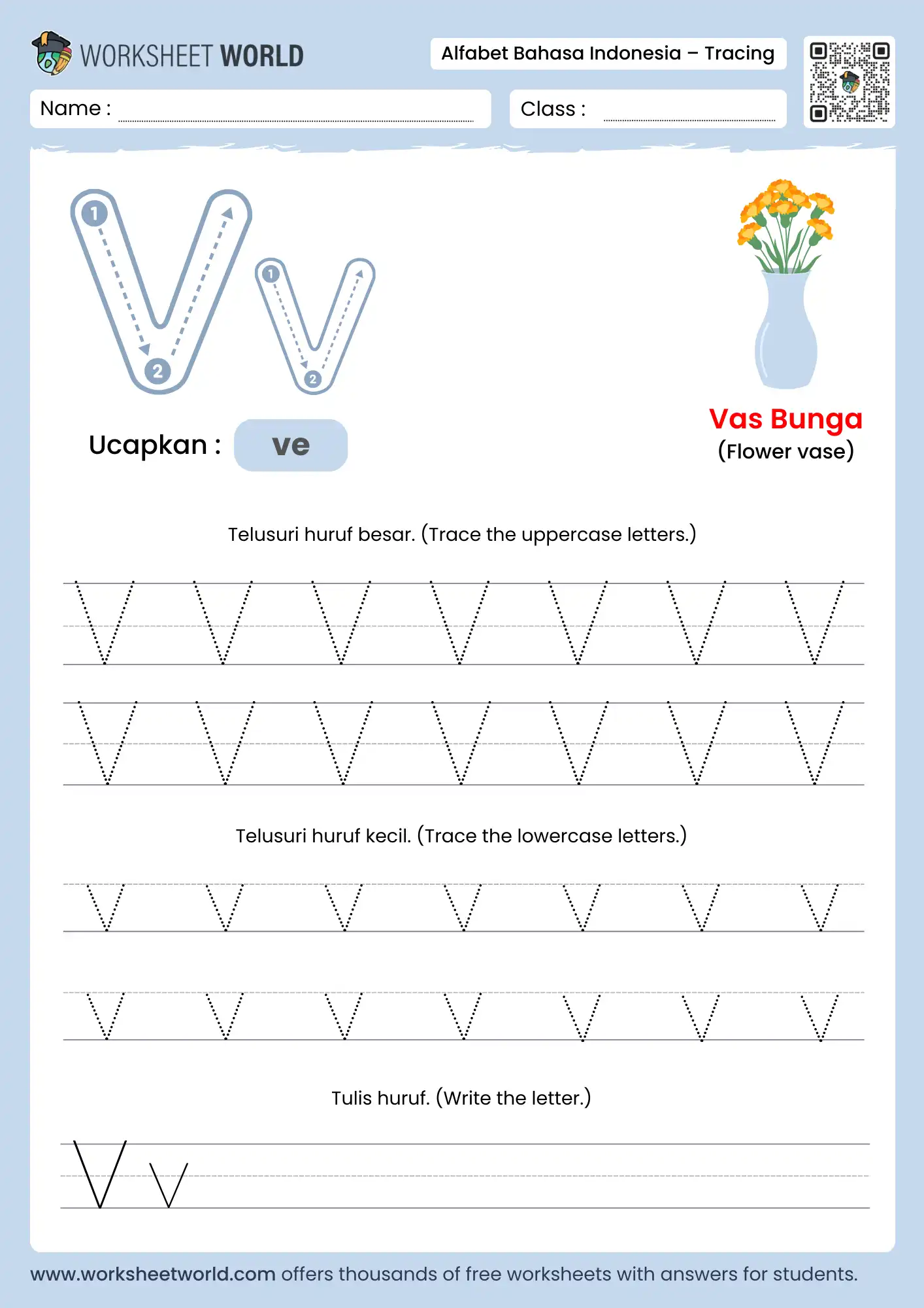 menebalkan abjad huruf v- letter v indonesian alphabet tracing worksheet with vase picture