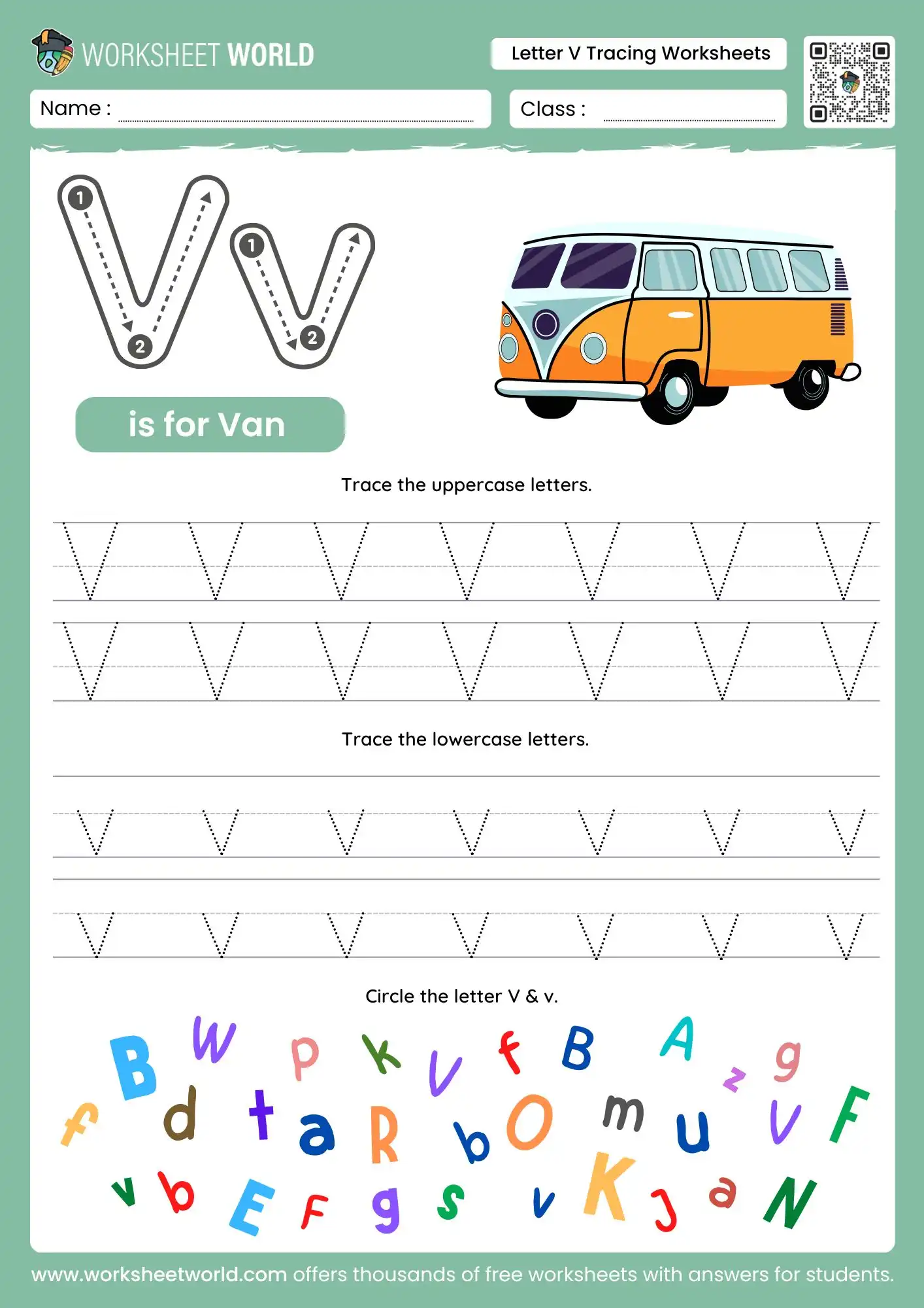 letter v tracing worksheets featuring an orange van illustration and a colorful letter search game