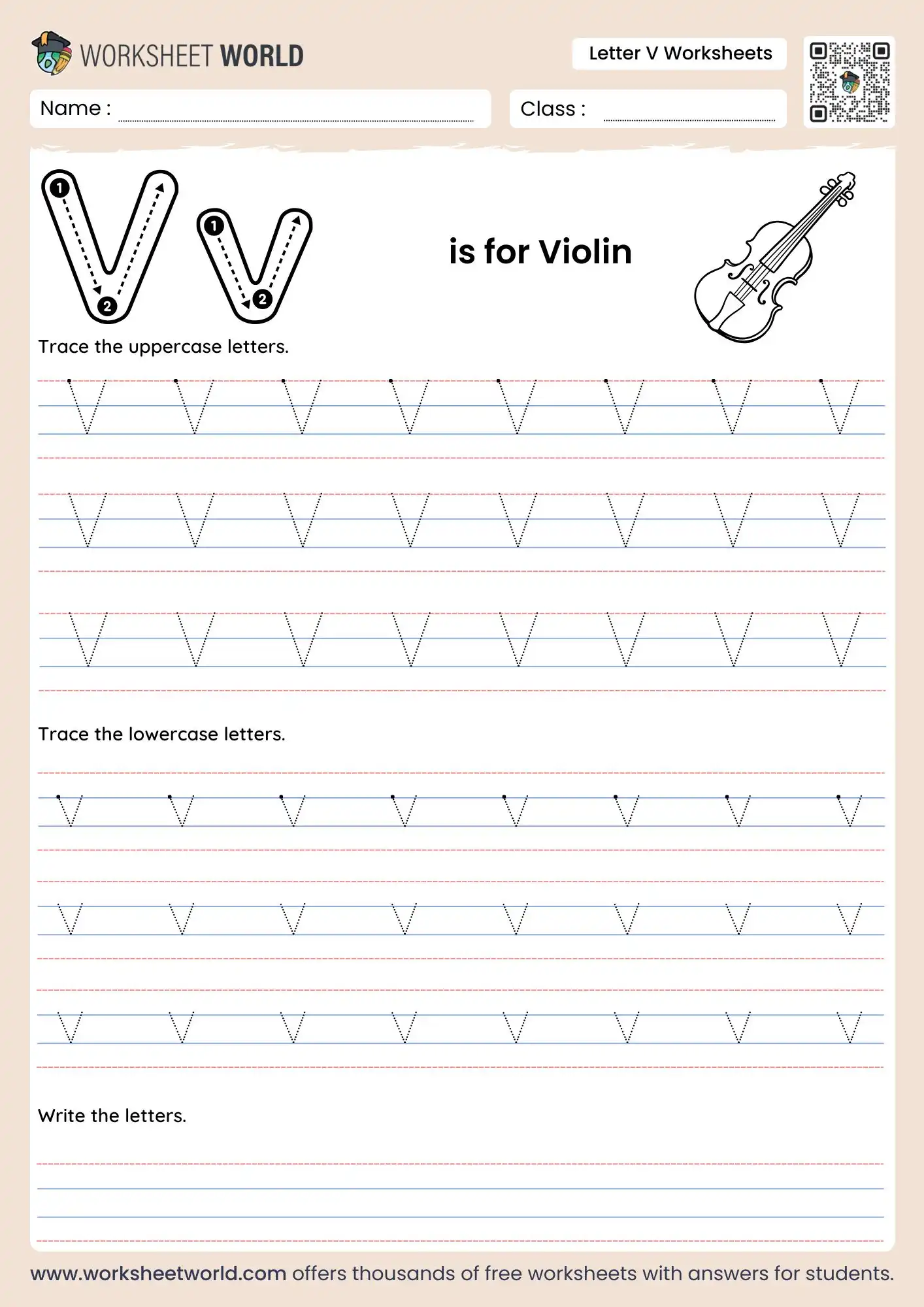 letter v worksheets featuring a violin illustration and multiple rows of dotted tracing lines