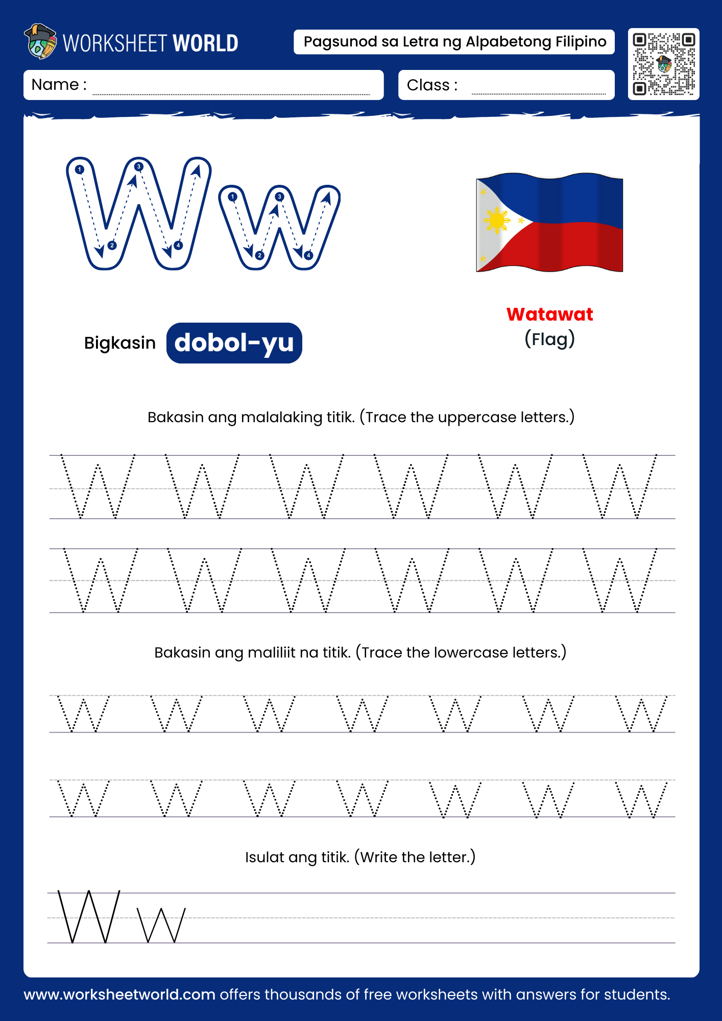 pagbakas ng titik w- letter w filipino alphabet tracing worksheet with flag picture
