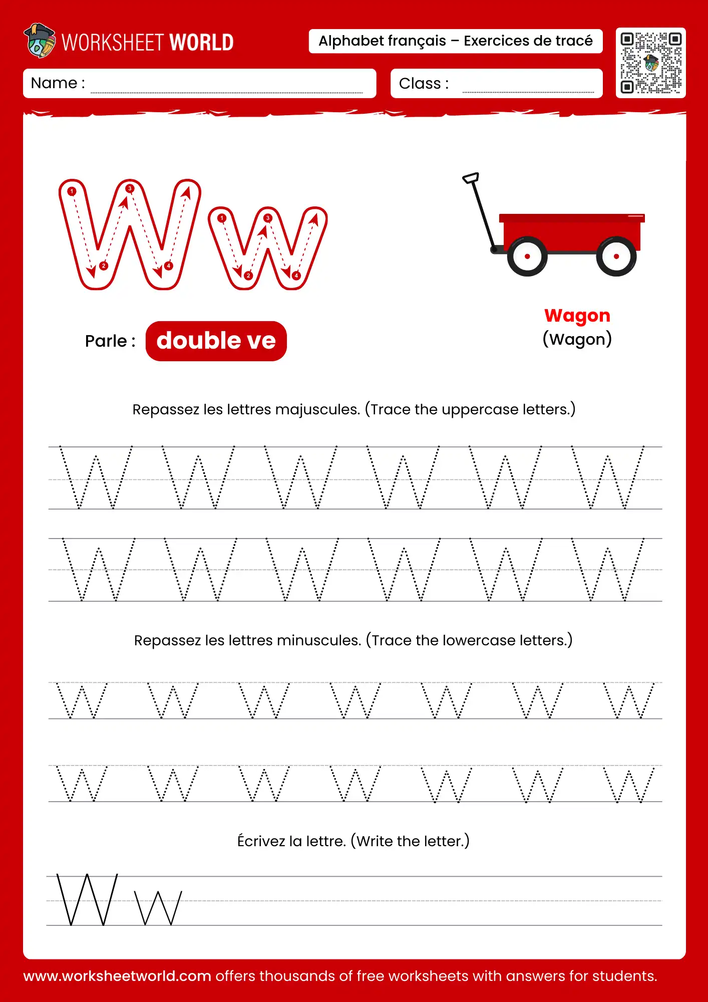 Letter W French Alphabet Tracing Worksheet with wagon picture