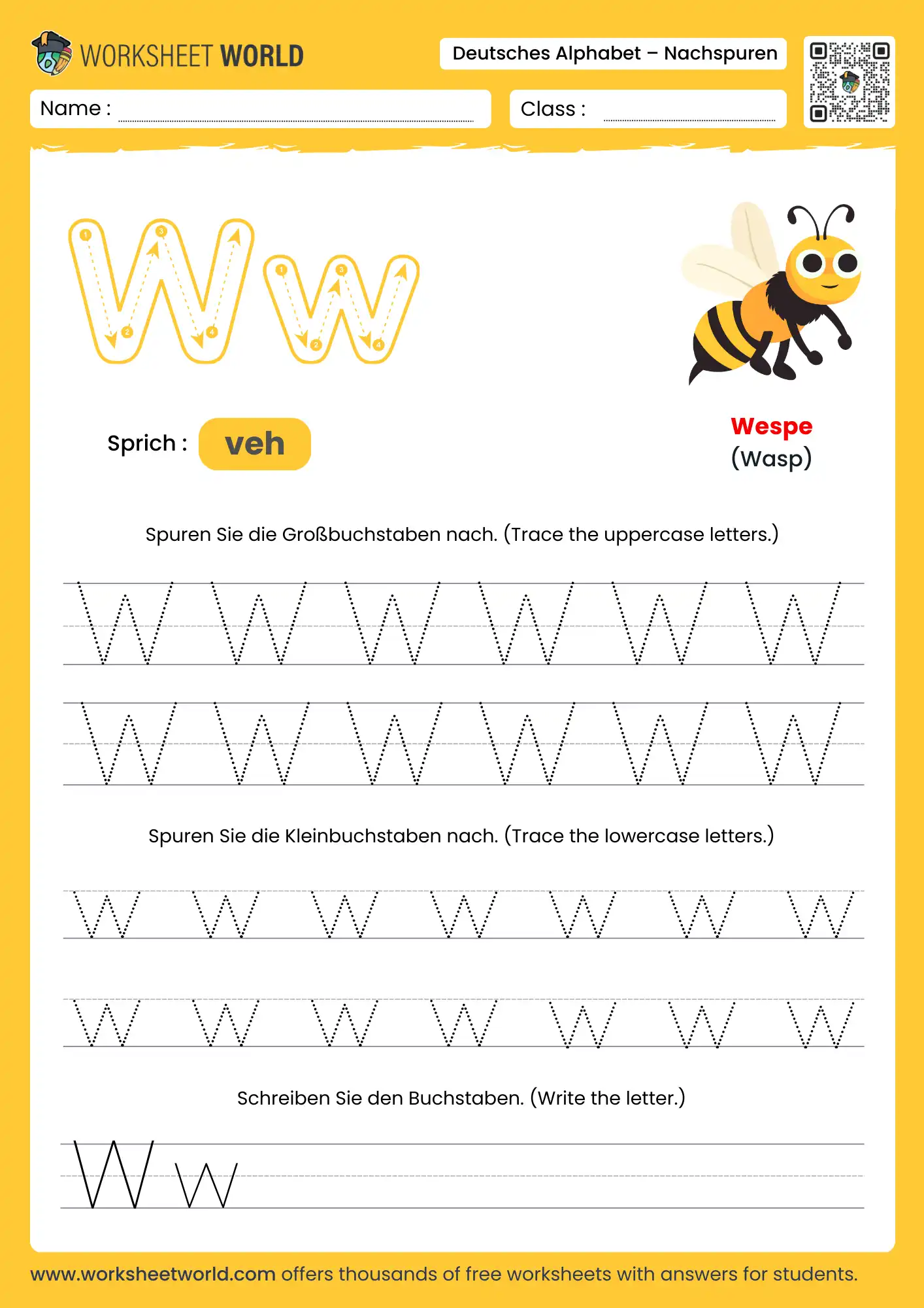 letter w german alphabet tracing worksheet with wasp picture