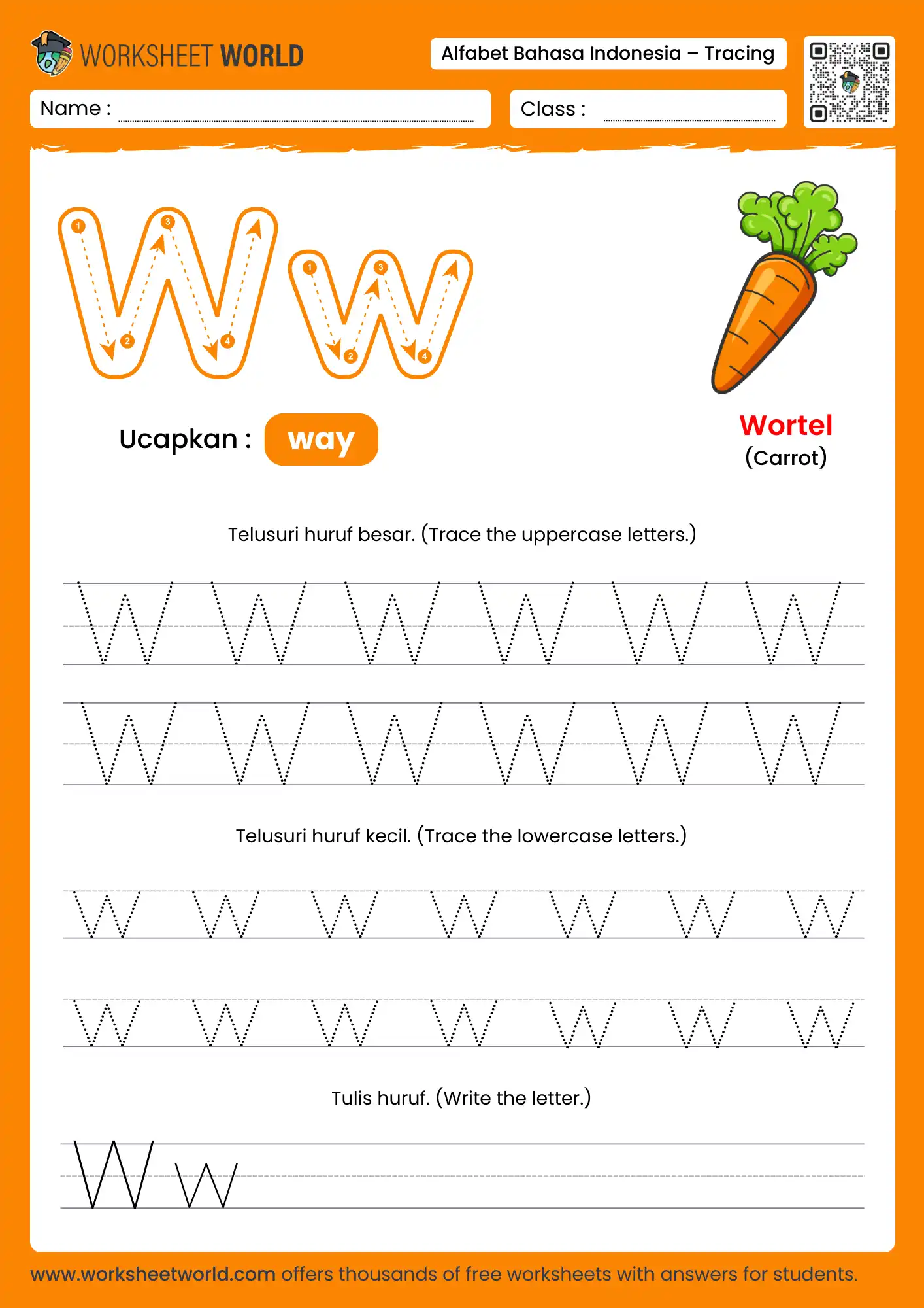menebalkan abjad huruf w- letter w indonesian alphabet tracing worksheet with carrot picture