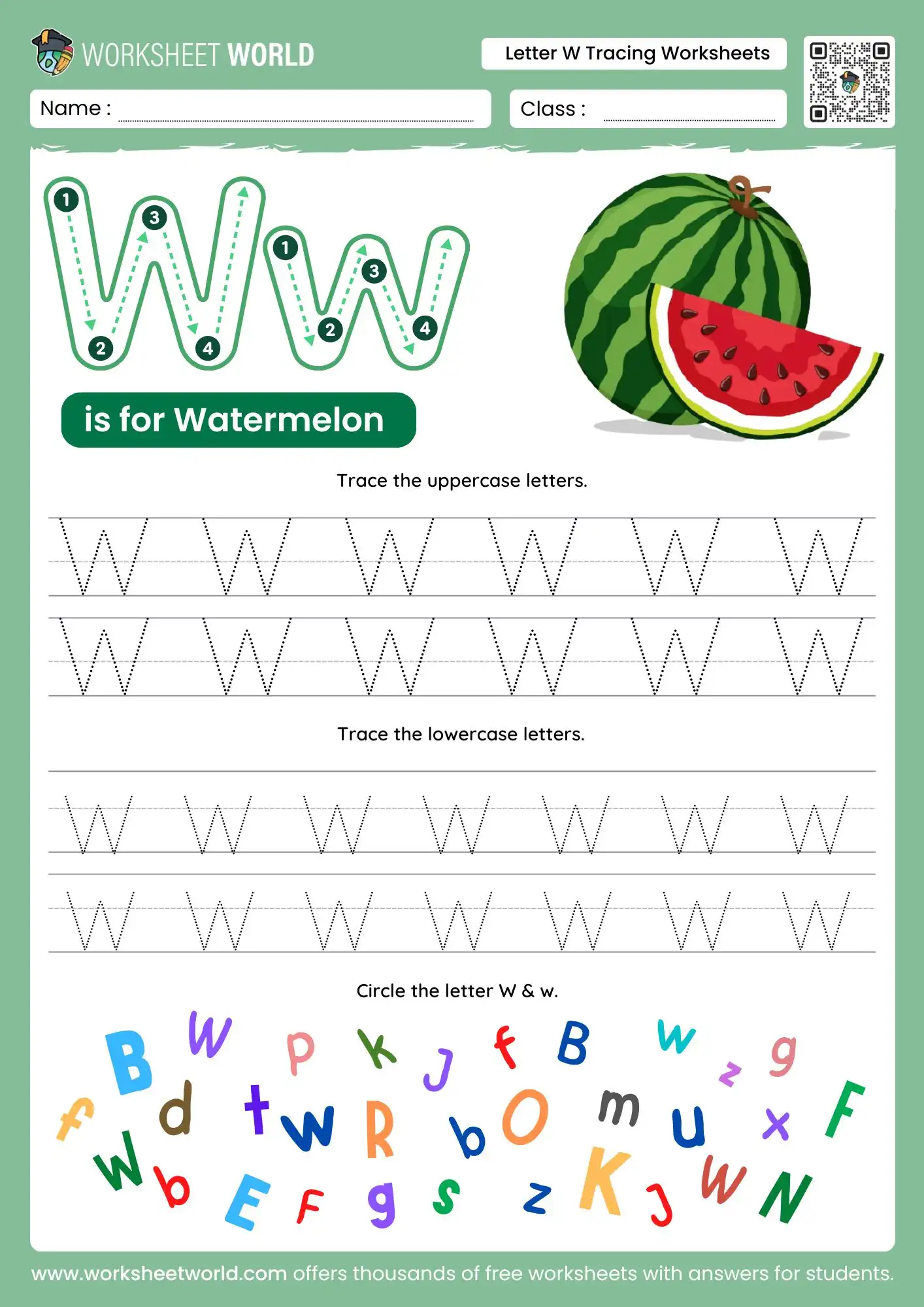 letter w tracing worksheets featuring a watermelon illustration and a colorful letter search game