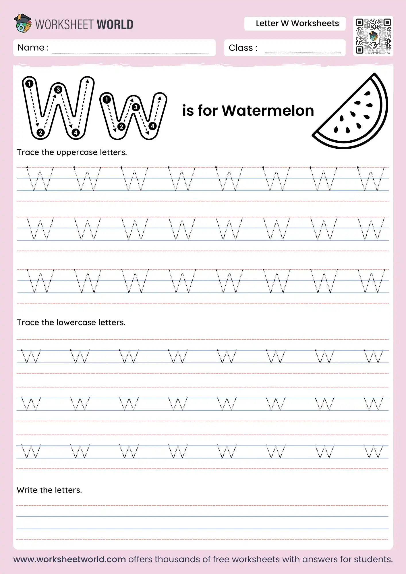 letter-w-worksheets-page-1 letter w worksheets featuring a watermelon slice and multiple rows of dotted tracing lines
