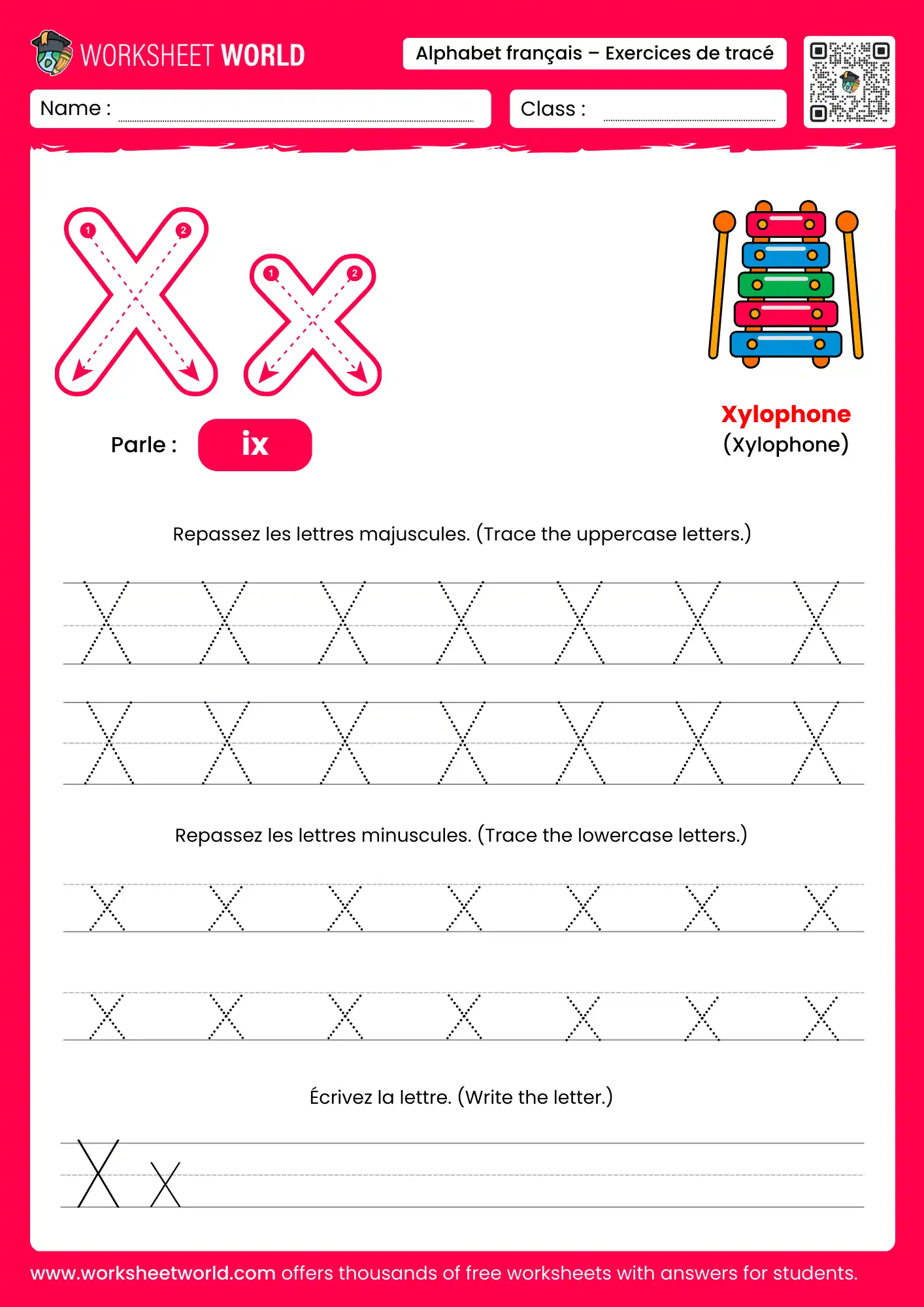 Letter X French Alphabet Tracing Worksheet with xylophone picture