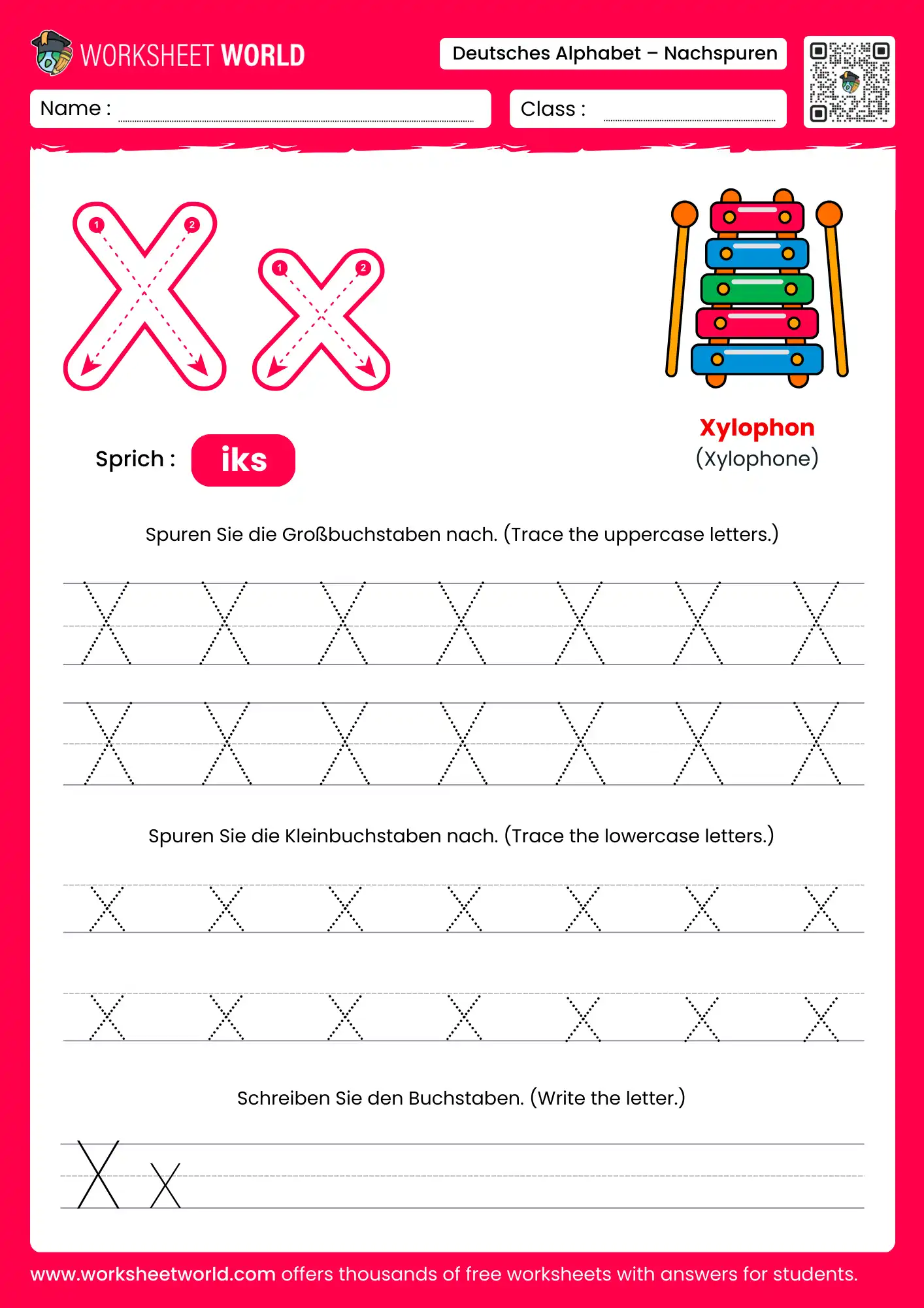 letter x german alphabet tracing worksheet with xylophone picture