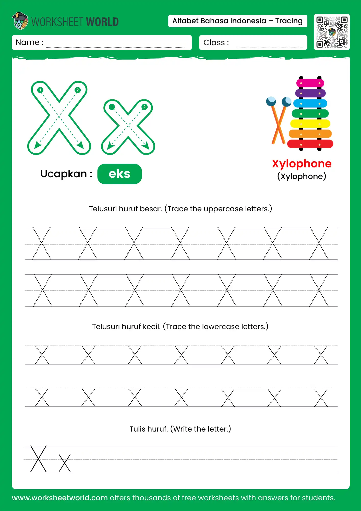 menebalkan abjad huruf x- letter x indonesian alphabet tracing worksheet with xylophone picture