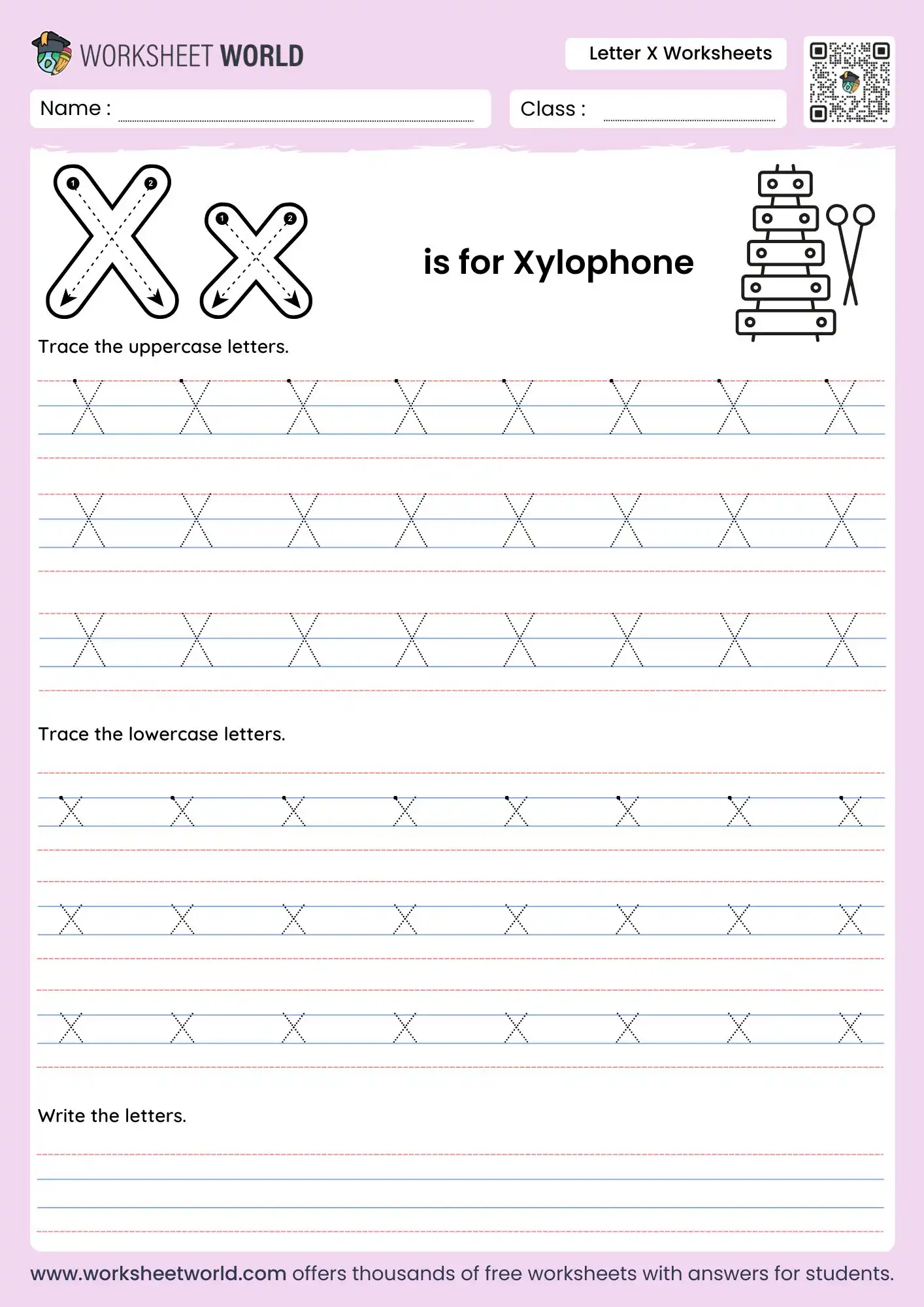 letter-x-worksheets-page-1 letter x worksheets featuring a xylophone illustration and multiple rows of dotted tracing lines